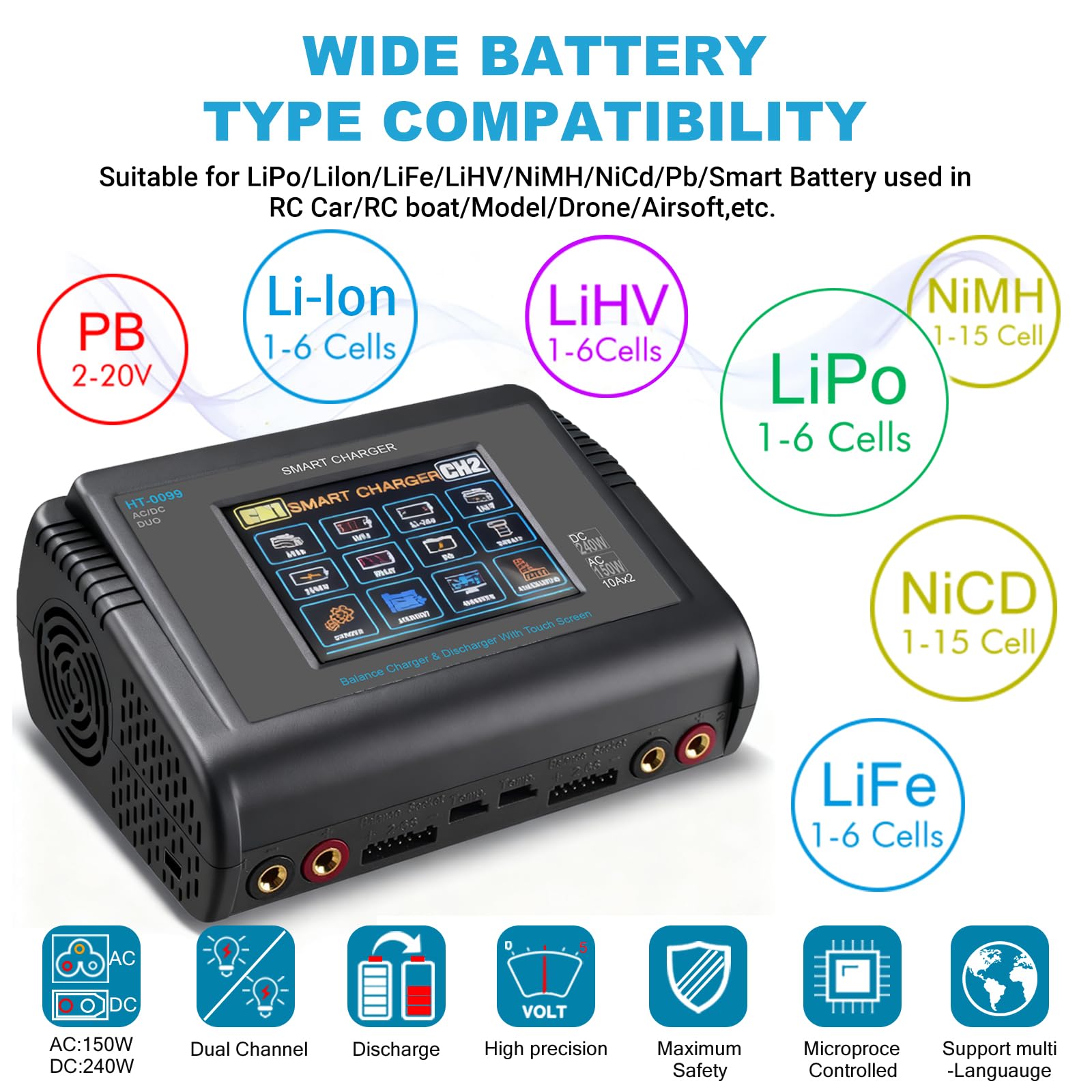 HTRC Lipo Ladegerät Duo & Entlader, RC Akku Ladegerät 150W AC 240W DC mit Balancer, Lipo Charger 10A für LiPo, Life, LiHV, Li-Ion, NiMH, NiCD, PB Batterien und RC-Auto/Boot, Airsoft Akkus