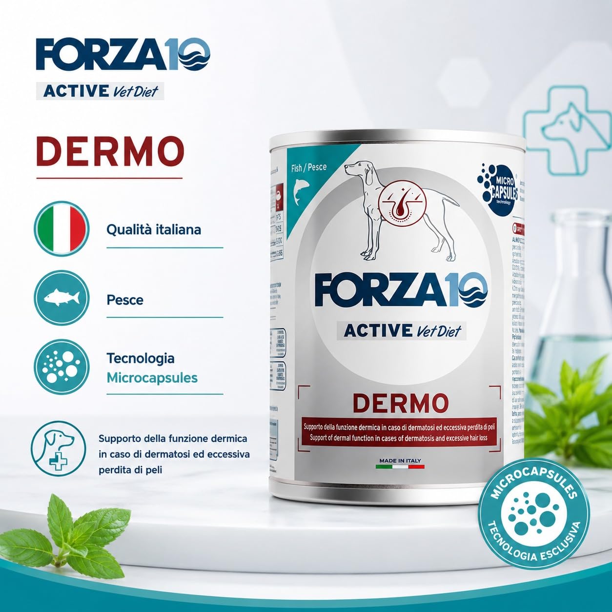 Dermo Pesce– Forza10 Diet Cibo Umido per Cani Adulti di tutte le Taglie e Razze, Monoproteico,Supporto della funzione dermica, 6 Lattine x 400g, Alimento Completo.
