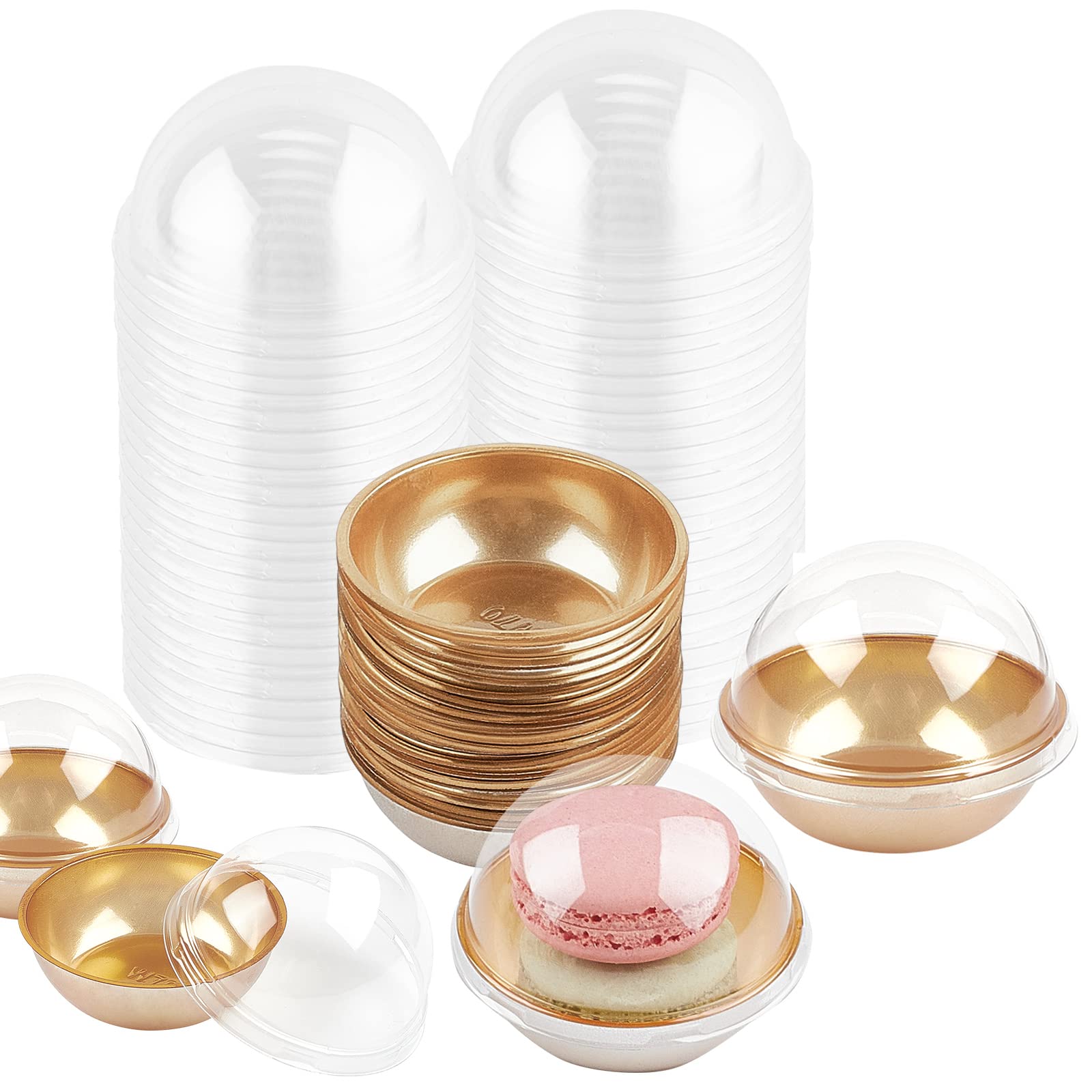 Ocmoiy 50 Pack Mini Cupcake Containers Clear Plastic Cupcake Box with Dome Lids for Chocolate Covered Cookies, Coco Bomb, Muffins, Mooncakes and Macarons (Gold Bowl Base)
