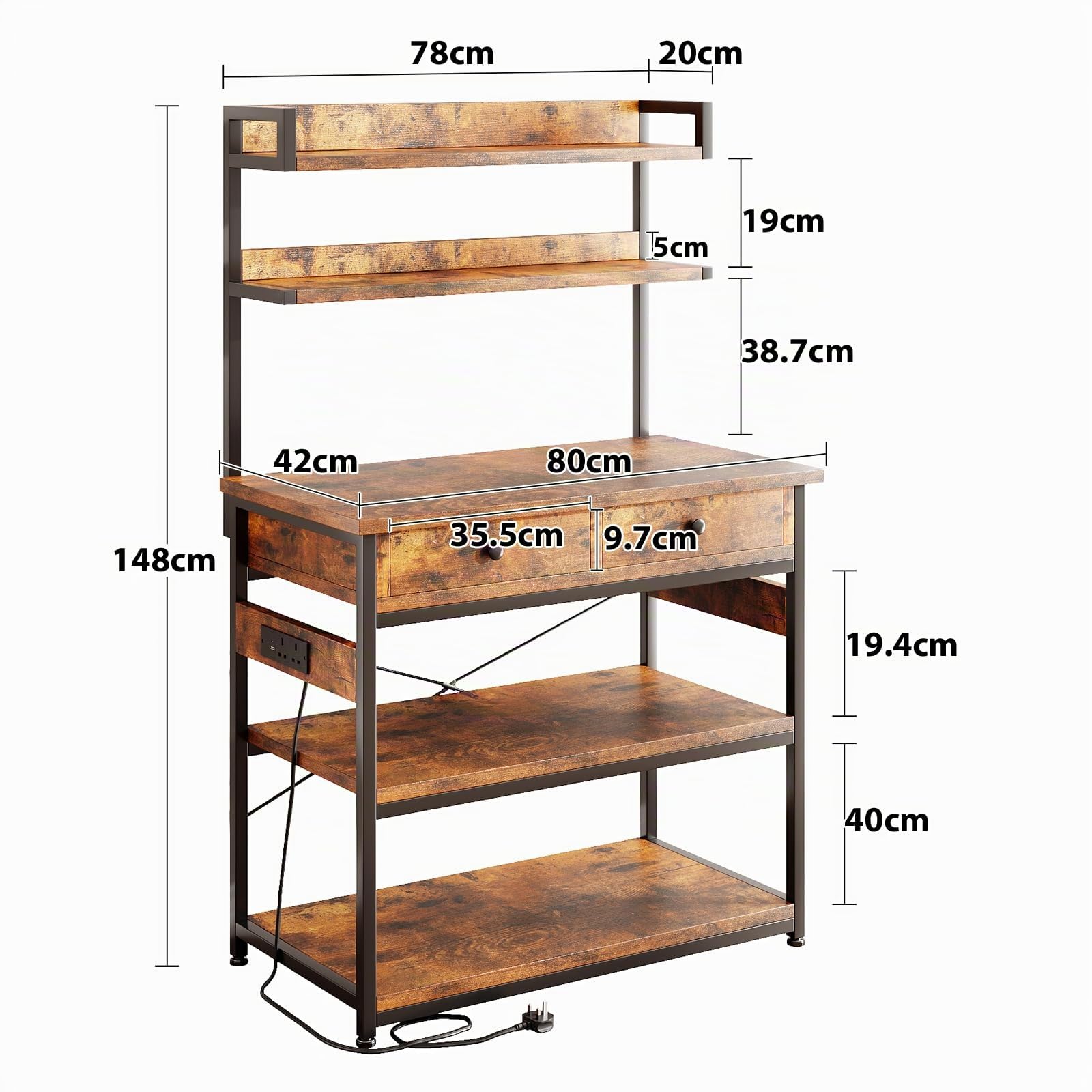 CAIYUN Étagère de Cuisine avec Prises électriques, étagère sur Pied avec Deux tiroirs en Bois, étagère pour Micro-Ondes, 5 Niveaux, Structure en Acier, 42 x 80 x 148 cm, Marron Vintage