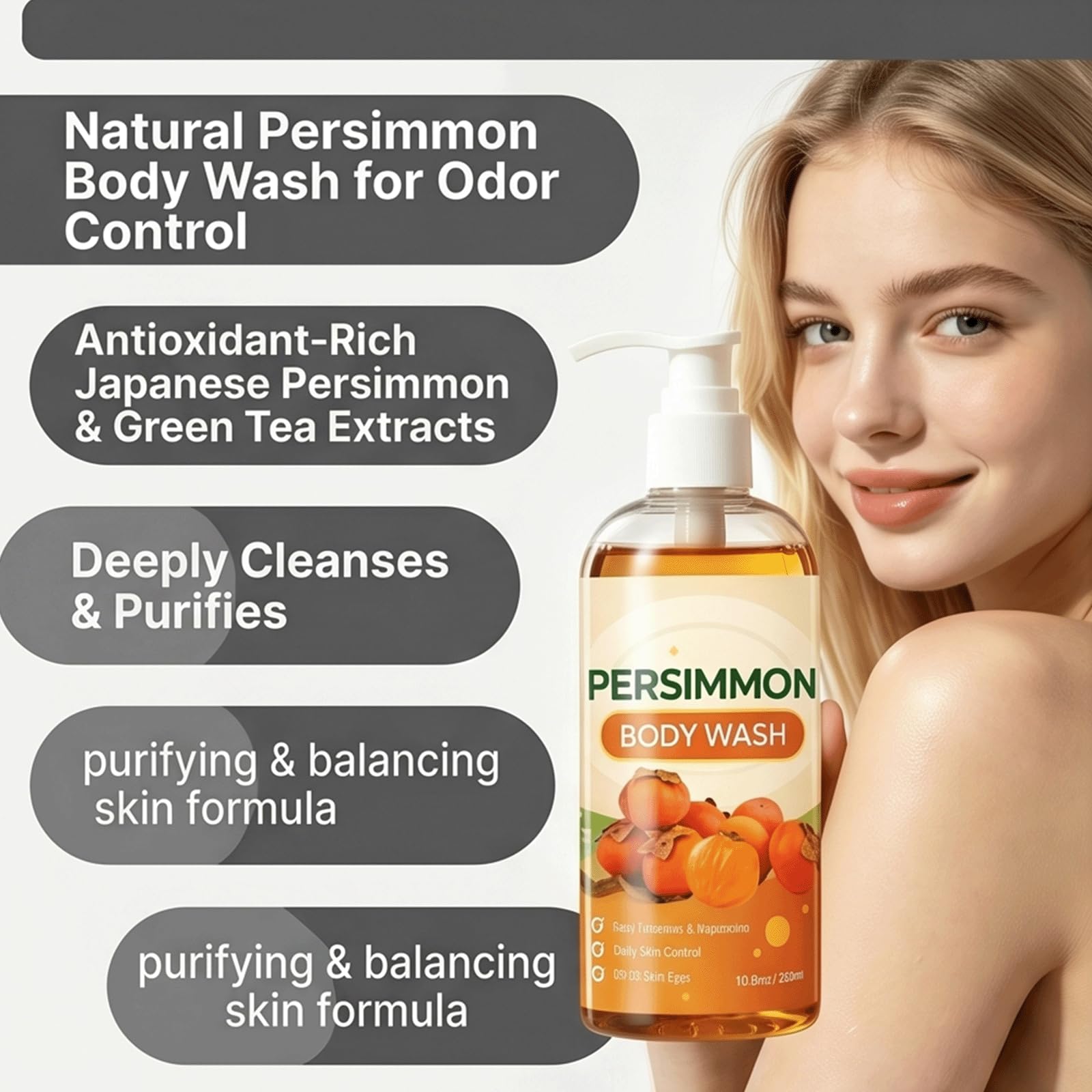 Persimmon Body Wash-Japanese Persimmon Dezodoryzujący Body Wash dla silnego zapachu Körper i zapachu starzenia, naturalny przeciwutleniacz rozjaśniający żel pod prysznic, poprawia szorstką (3szt)