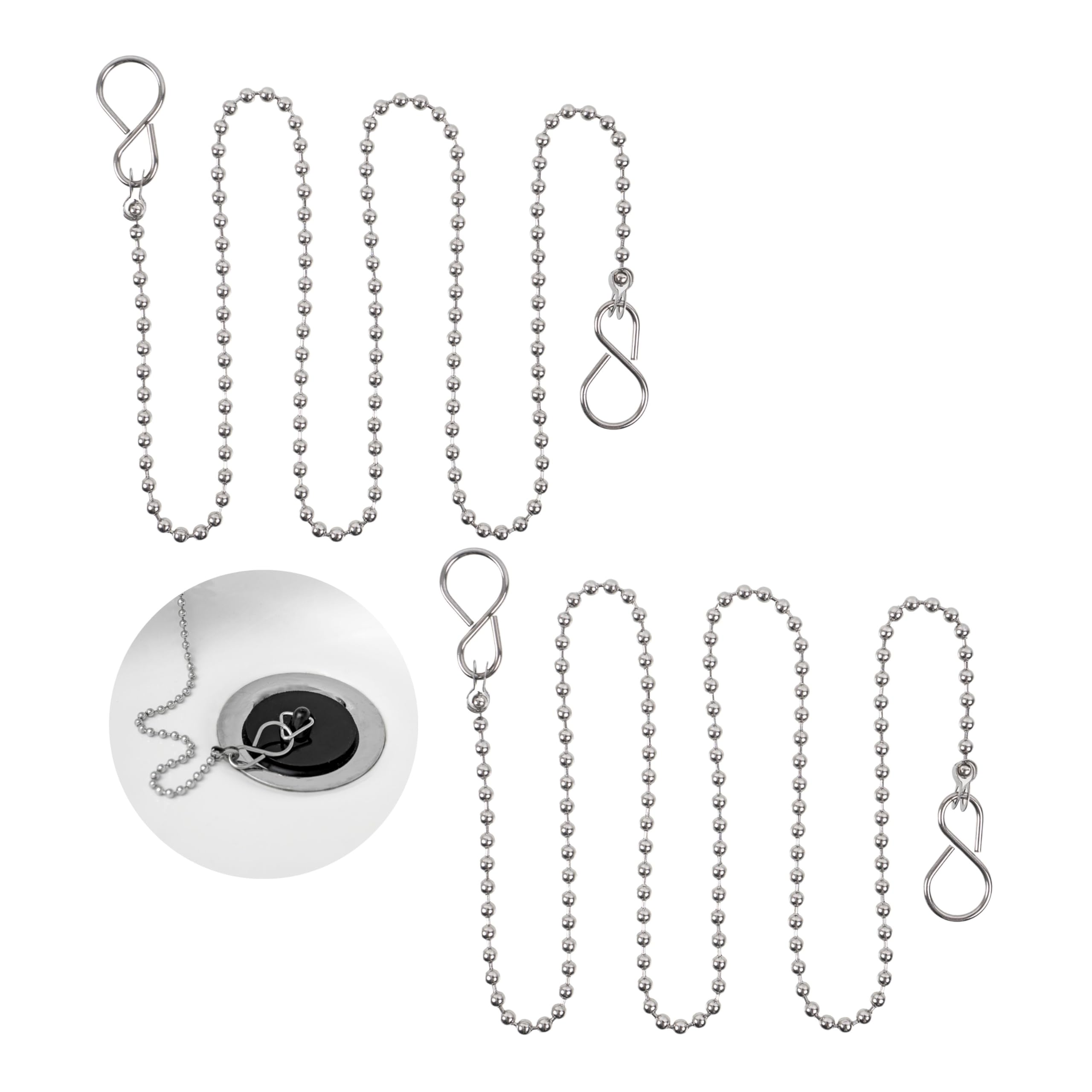 Stopper chain, 2 pack, 60 cm ball chain, with 25 mm S-hook, made of SS304 stainless steel, rust-free, stopper ball chain, sink rubber stopper replacement chain set with ring, for sink, bathtub