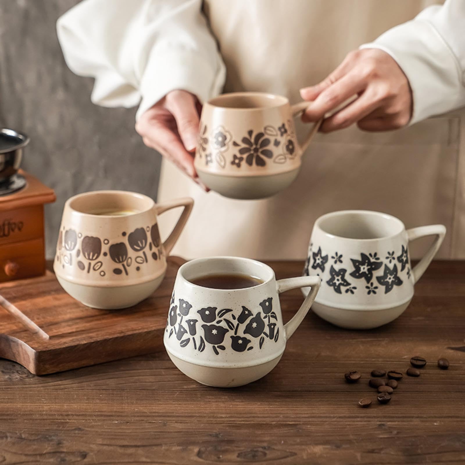Amazon.com | 280ml/9.5oz American Coarse Pottery Coffee Cup, Retro  Personalized Plant Pattern Mug- round clay cup: Coffee Cups & Mugs