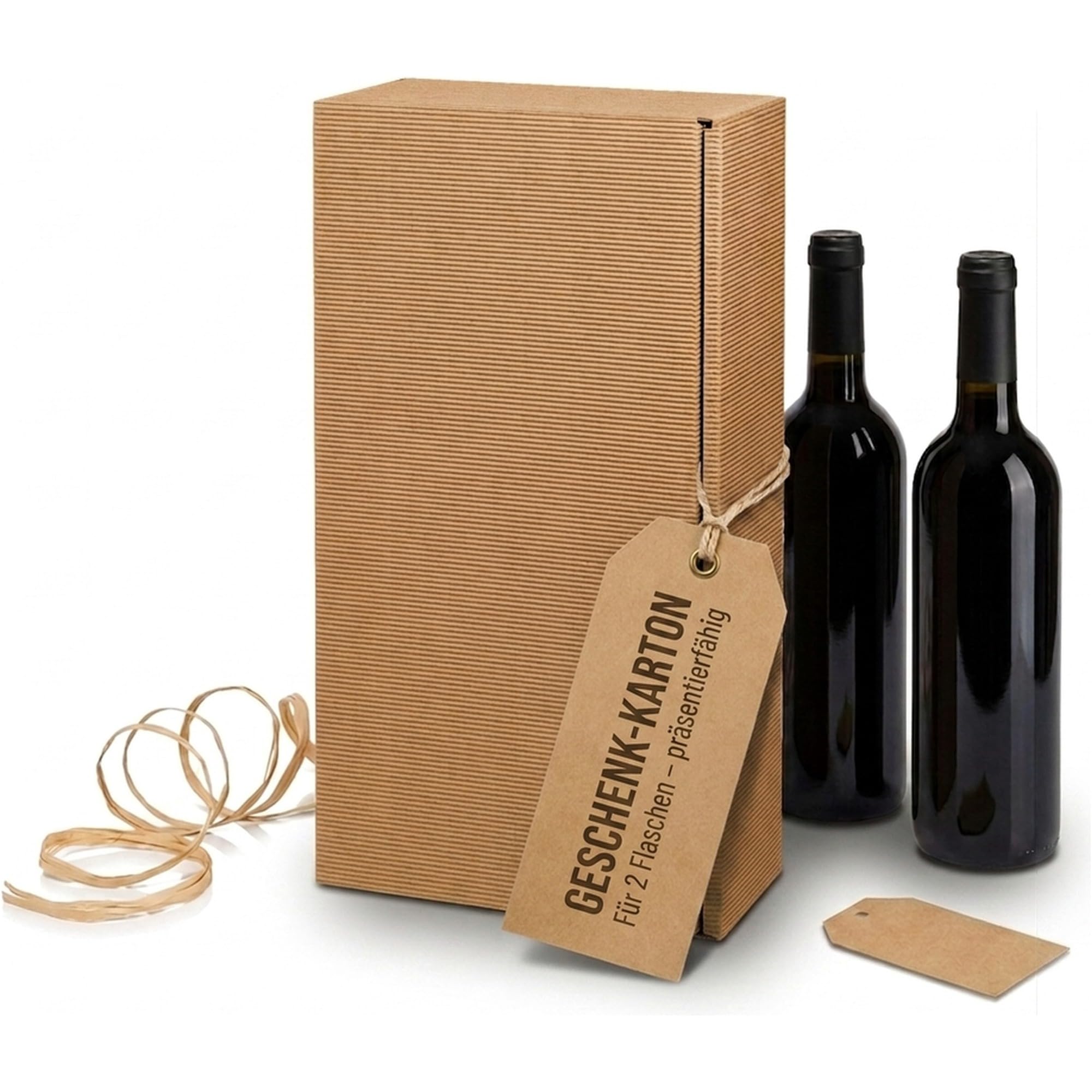 KK Verpackungen Präsentkarton 2 Flaschen 360x180x90mm | 1000 Stück, Weinkarton offene Welle Natur Braun | Geschenkverpackung Wein Sekt | FSC-zertifiziert, DHL-versandfähig