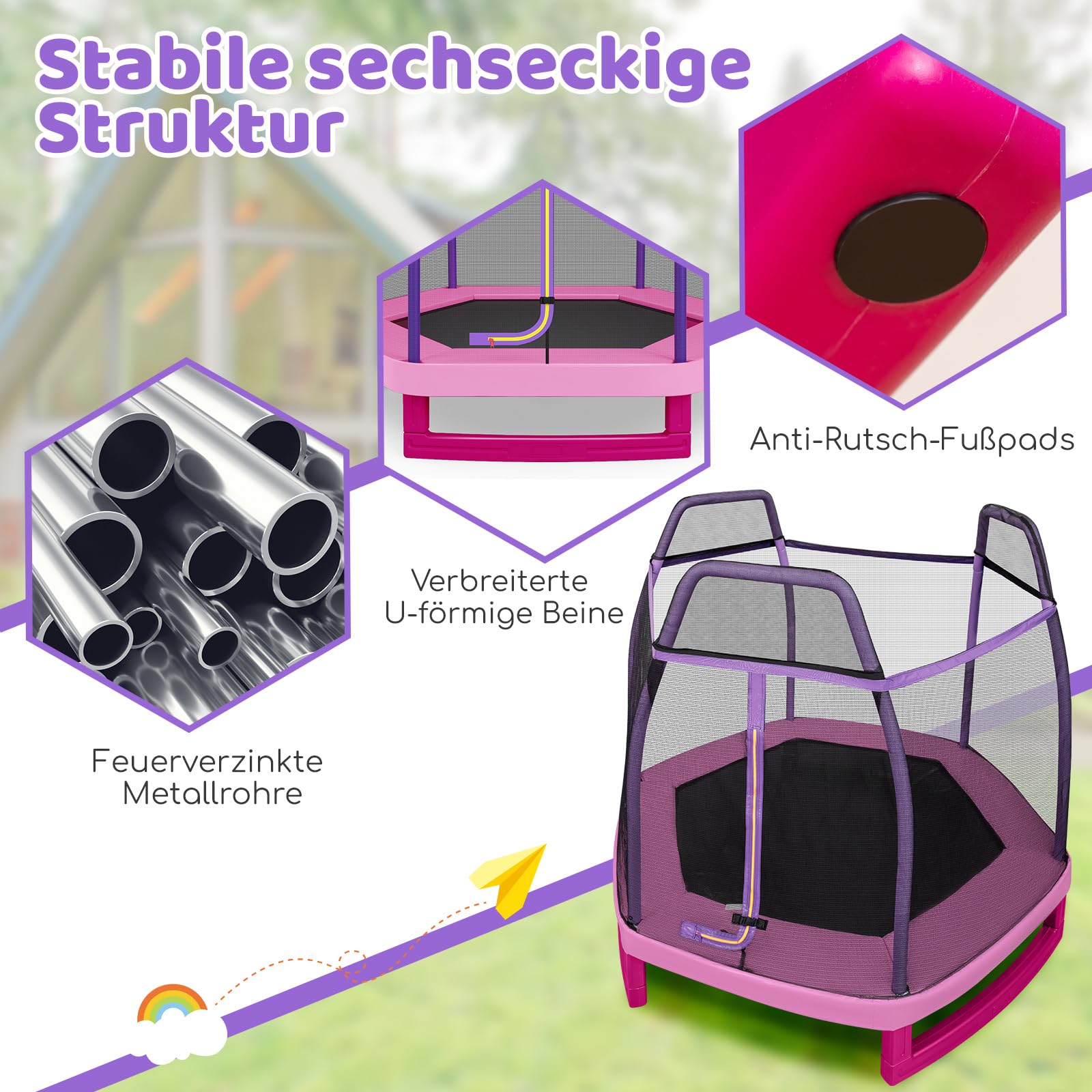 COSTWAY Ø223cm Gartentrampolin mit Sicherheitsnetz, gepolsterten Stangen & Randabdeckung, Trampolin Kindertrampolin bis 150KG belastbar, Indoor-/Outdoortrampolin für Kinder ab 3 Jahre