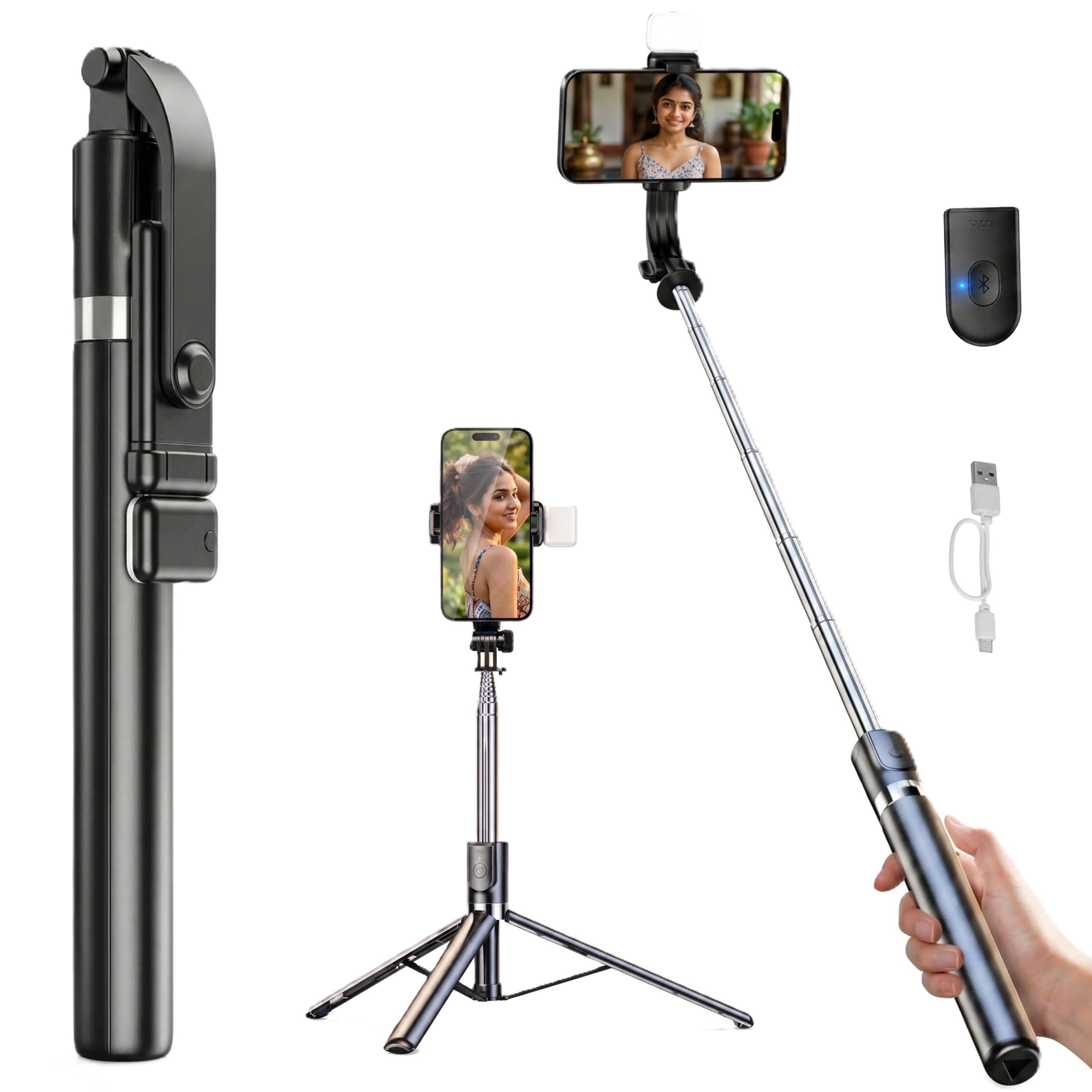 Selfie Stick Tripod with Light, 67 inch /170CM Reinforced Tripod for Mobile Phone, Multi-Functional Bluetooth Long Selfie Stick for Travel,Vlogging,Compatible with All Smartphones-image-37