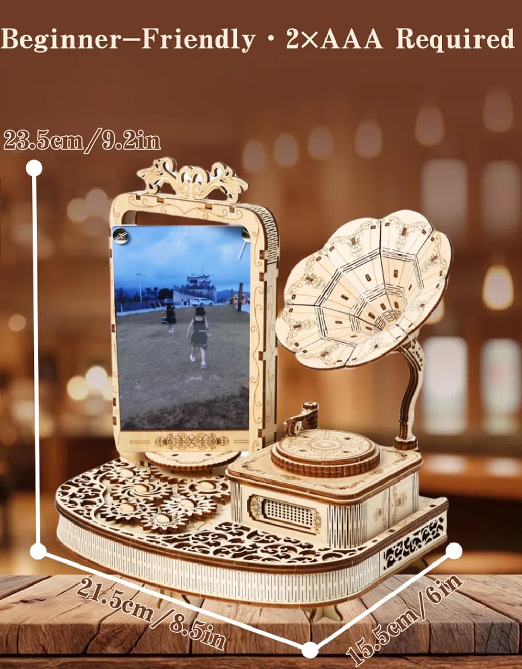 3D Wooden Puzzle Gramophone for Adults – DIY Mechanical Music Box Kit with LED Lights & Rotating Photo Frame, Creative Building Model Sets Gift for Teens, Men & Women