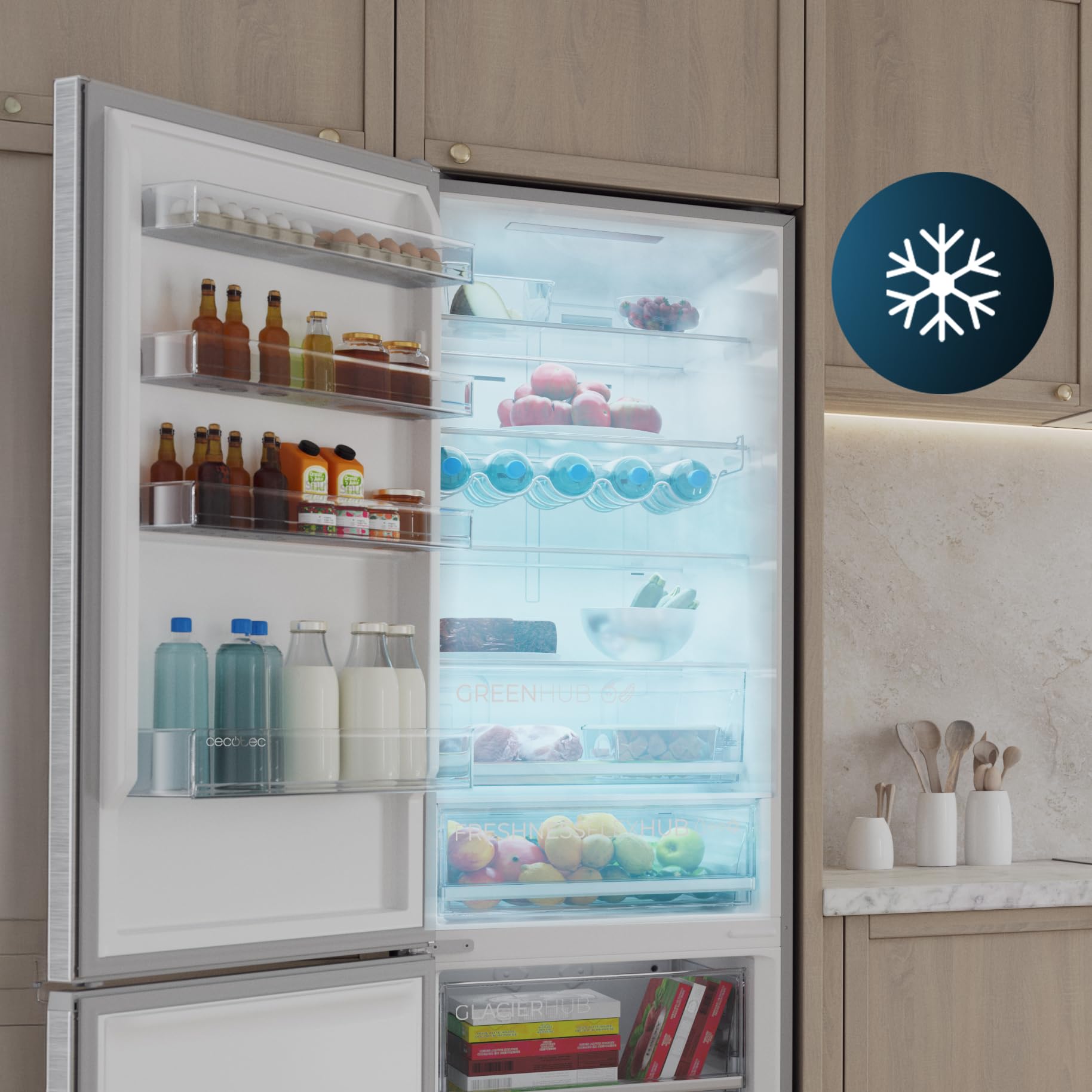 Cecotec Lodówka Combi 456L Total No Frost Bolero CoolMarket Combi 456 Inox C. wysokość 201 cm i szerokość 59,5 cm, MAX INSIDE z VIP Tech, sprężarka inwerterowa Plus, niskie zużycie energii, szklane