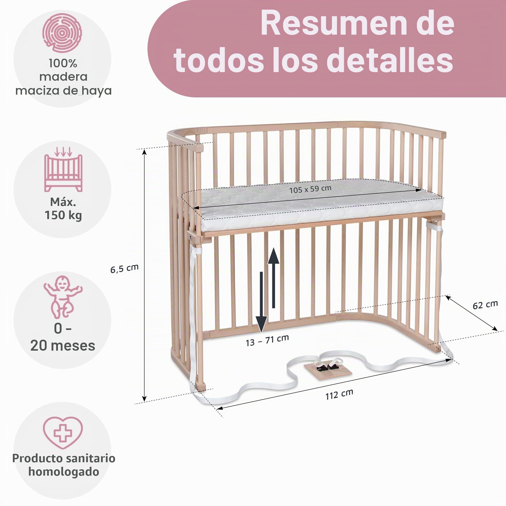 babybay Boxspring XXL - Cuna auxiliar de madera de haya maciza/cama infantil altura regulable y respetuosa con el medio ambiente/Cuna de bebé creciente (sin tratar)