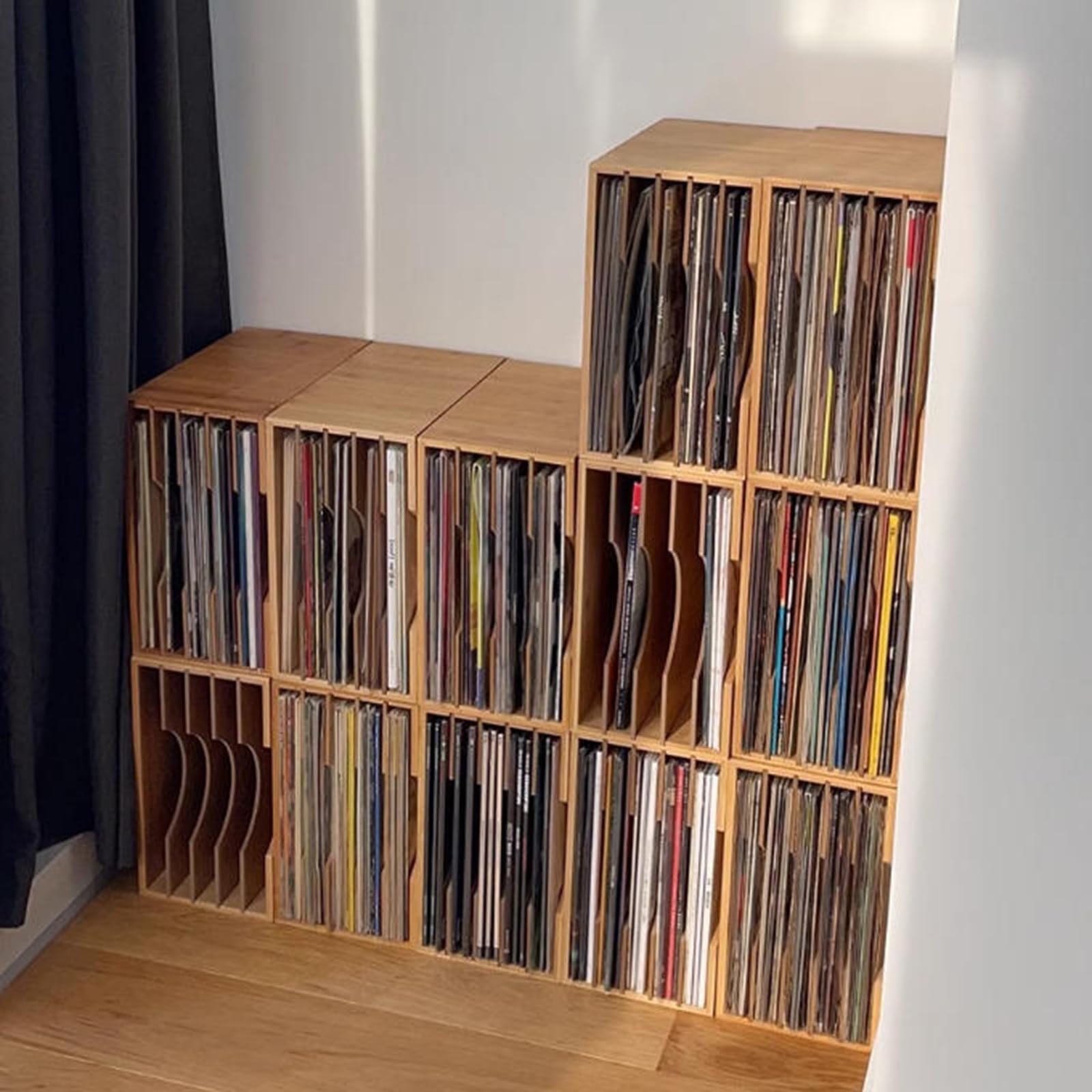 Supporto per dischi in vinile, espositore in bambù con 5 scomparti per album, riviste, libri e file, organizer a doppio scopo