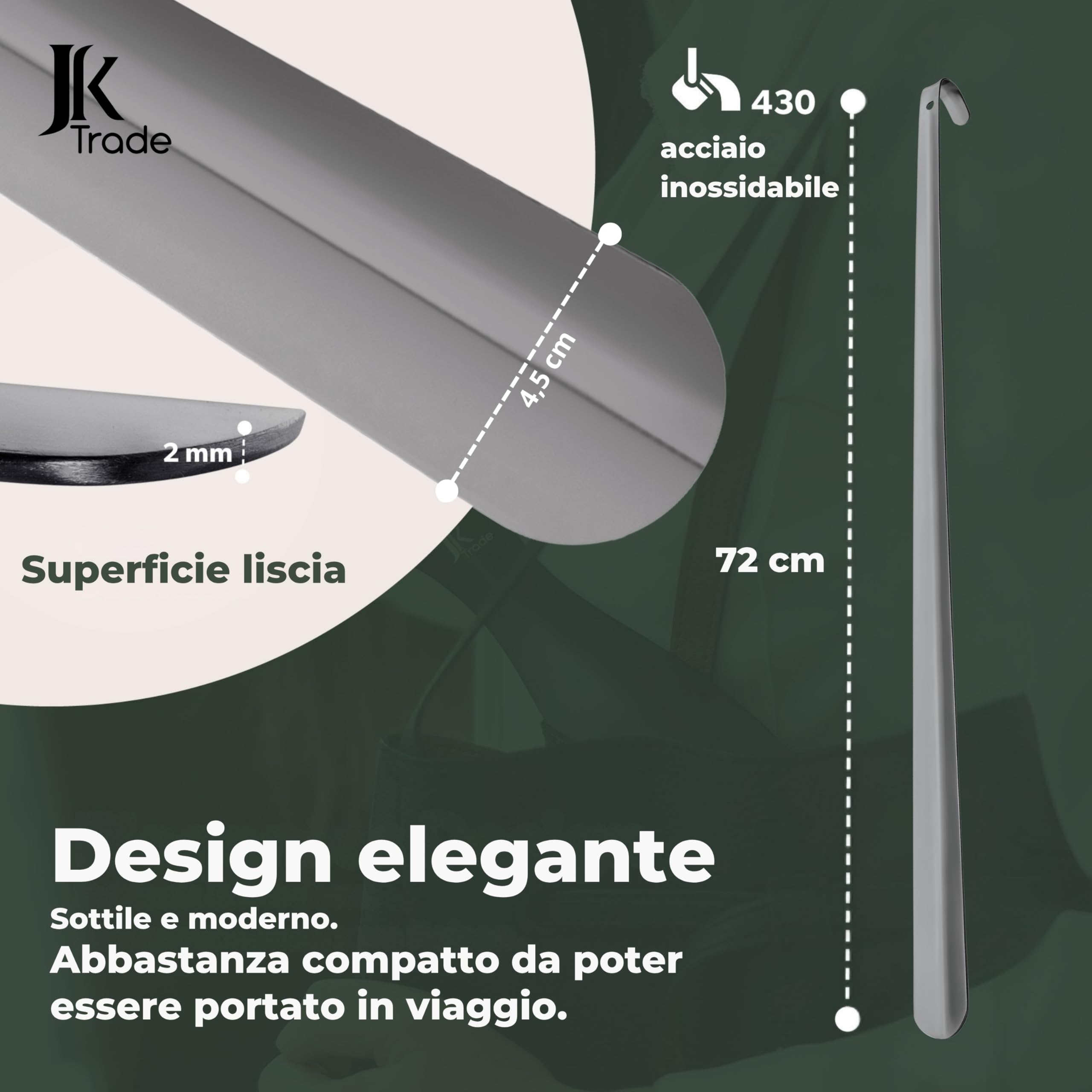 JK Trade Calzascarpe in acciaio inox stabile da 72 cm, lunghezza 2 mm, in metallo lucido, lungo per stare in piedi, veloce e delicato sulla schiena, lunghezza e larghezza ottimizzate | Shoe Horn |
