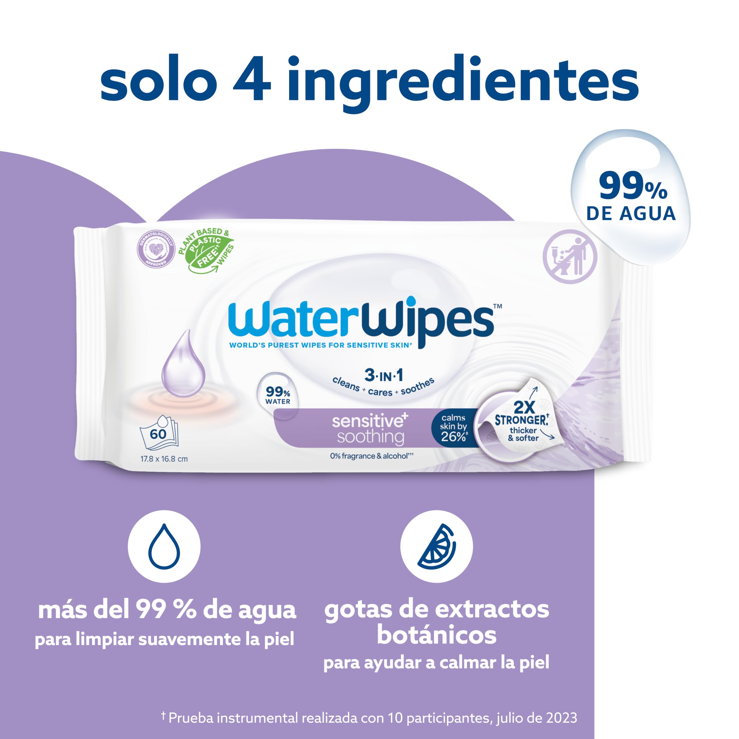 WaterWipes Sensitive+ Soothing Clean Wipes, Toallitas Calmantes, 720 unidades (paquete de 12), 3 en 1 Limpia, Cuida, Calma, 99% de agua con extracto botánico, Toallitas sin perfume para bebés