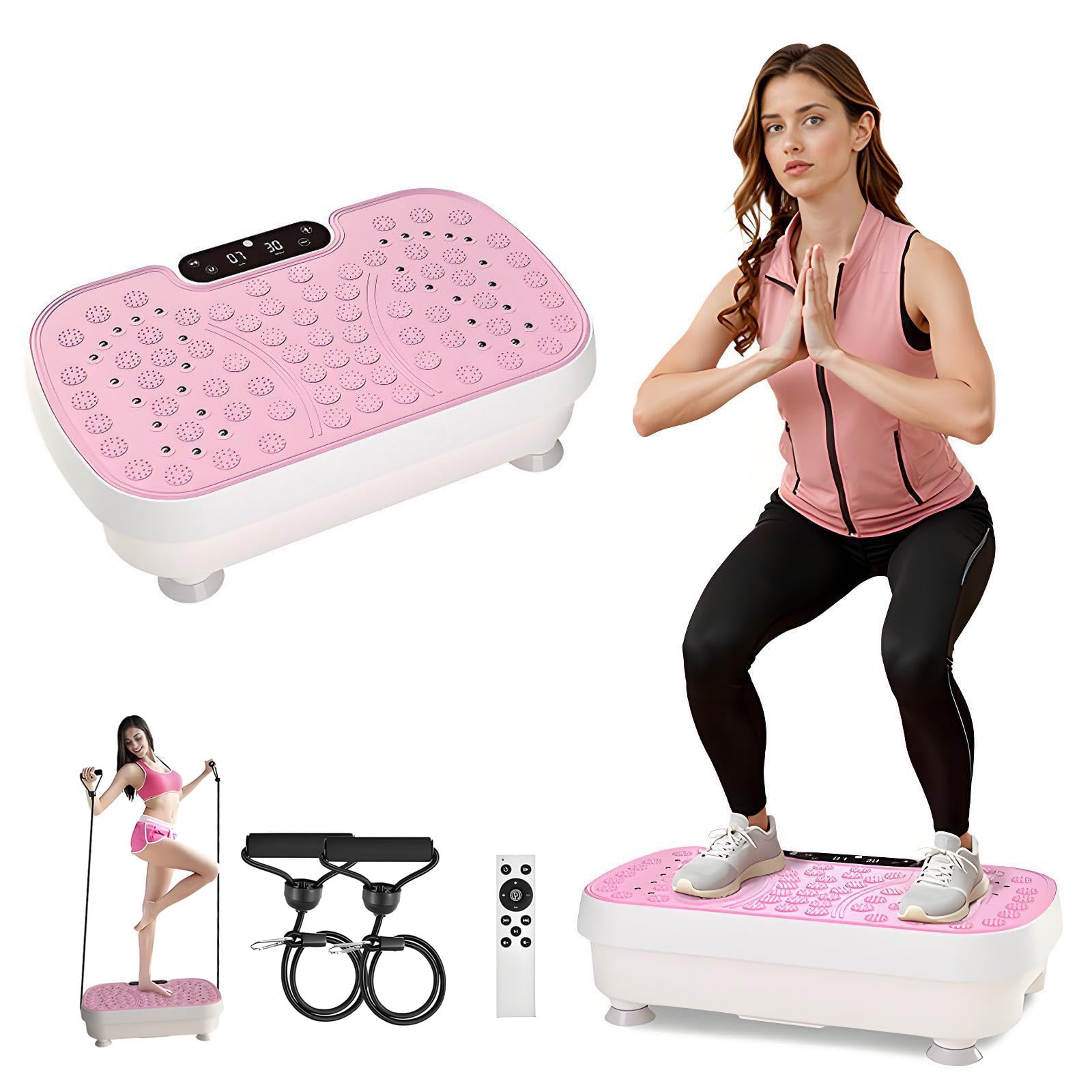 Plateforme vibrante pour perdre du poids à la maison - Appareil de vibration avec 3 modes de fitness - Plaque vibrante silencieuse avec 2 bandes de résistance et indicateur LED - Charge maximale : 150