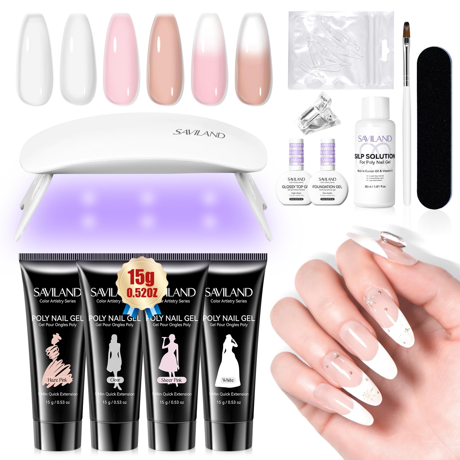 Kit de uñas de gel de poli iniciador: 4 colores de gel de uñas de polietileno transparente natural con solución de deslizamiento de lámpara U V Secado rápido Nutre uñas 28 días Durable DIY