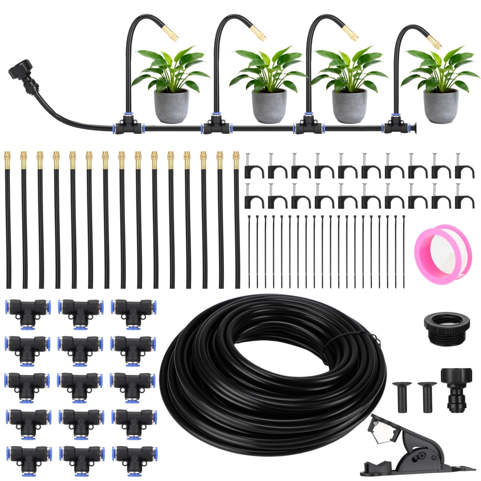Kit de sistema de riego por goteo ajustable de 360°, sistema de atomización de riego de jardín con 15 boquillas flexibles, manguera de 50 pies y 5/16 pulgadas, juego de riego por pulverización con