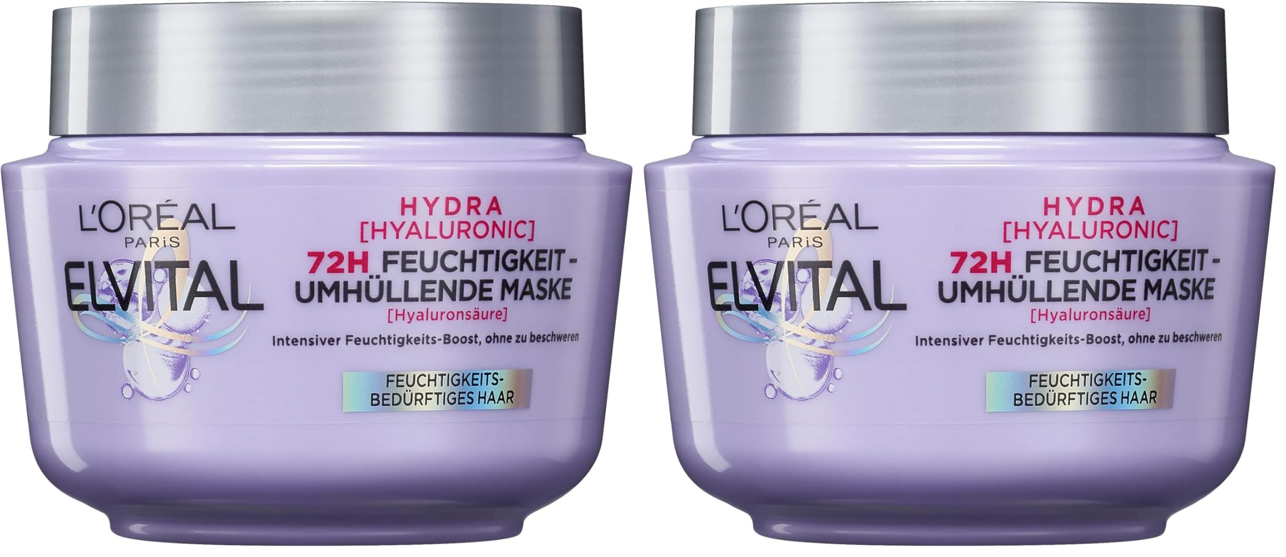 L'Oréal Paris Elvital Hydra Hyaluronic feuchtigkeitsspendende Haarmaske für glänzendes Haar, Hyaluron Intensivkur für einen Feuchtigkeitsboost, bis zu 72h langanhaltende Feuchtigkeit und Pflege, 300ml