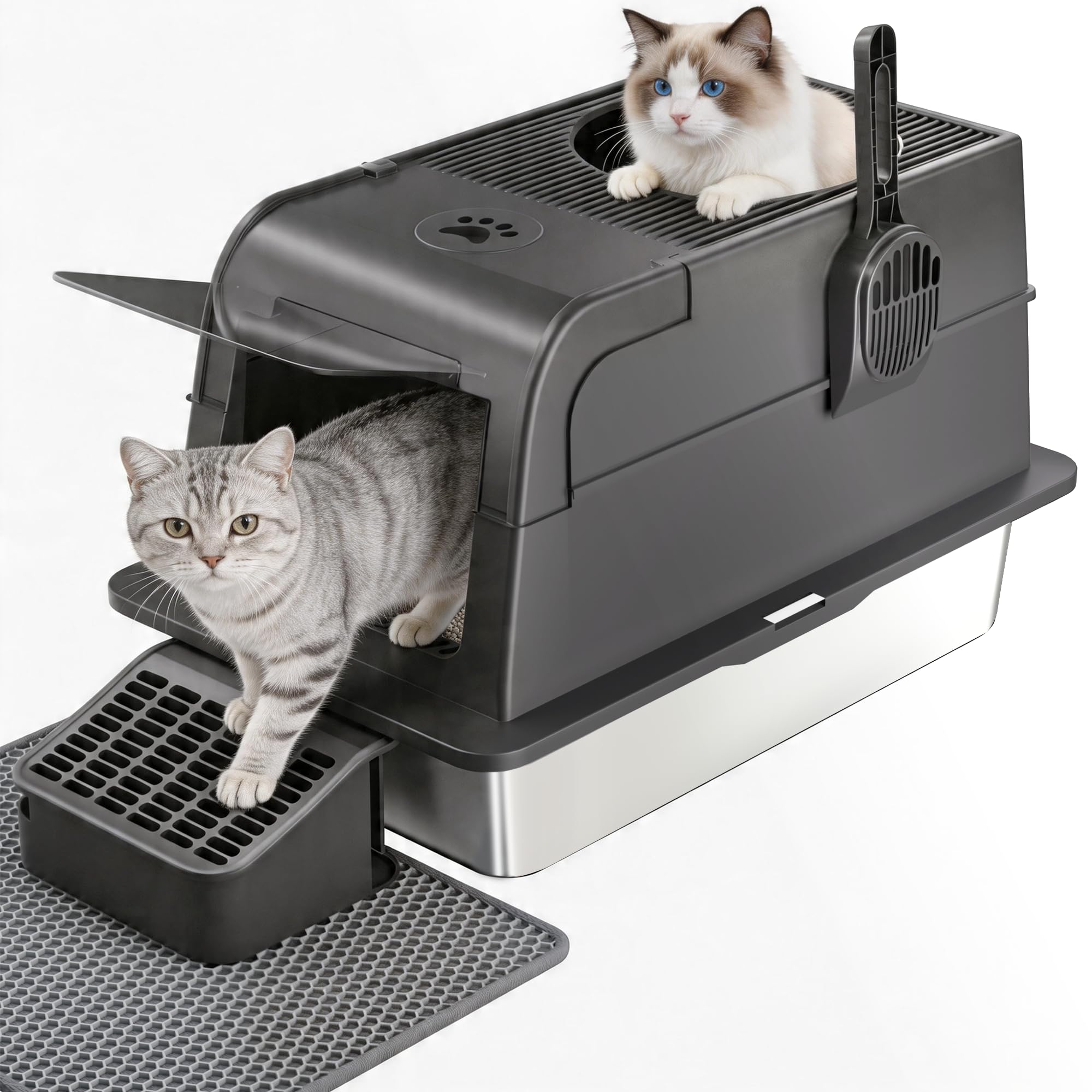 Stainless Steel Cat Litter Box with Flip Lid, XXL Enclosed Cat Litter Tray with Scoop, Step & Litter Mat, Front & Top Entry, Non-Stick Metal Cat Toilet with Carbon Filter for Large Cats