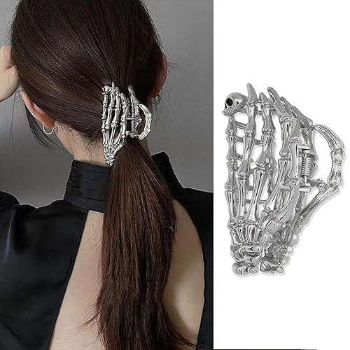 BELSITA Mano de metal de esqueleto de Halloween con diseño de cabeza de calavera, pinza para el cabello, color plateado, pinza para cabello grueso o