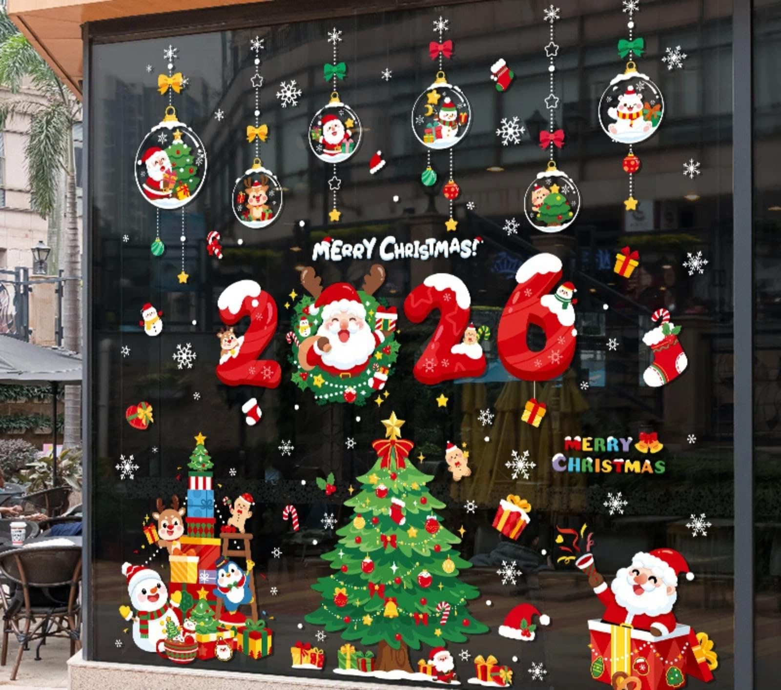 Adesivi per finestre a tema natalizio con motivi di fiocchi di neve e alberi di Natale per decorare vetri per finestre, pareti e rivestimenti.