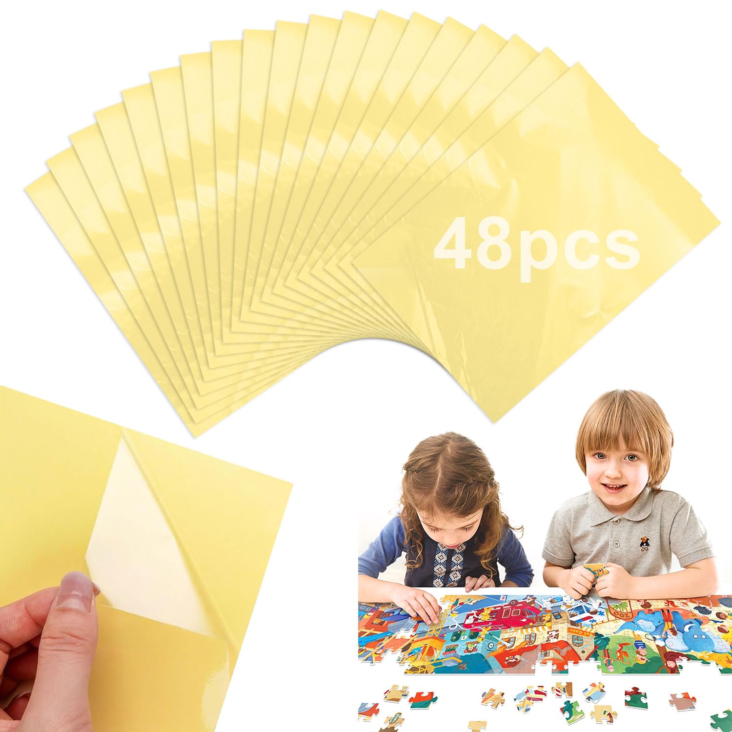 48 Hojas Puzzle Transparente Papel Adhesivo Doble Cara Lámina Autoadhesiva Rompecabezas Asegurar y Proteger Puzzles Fotos y Postales(25 × 18 cm)