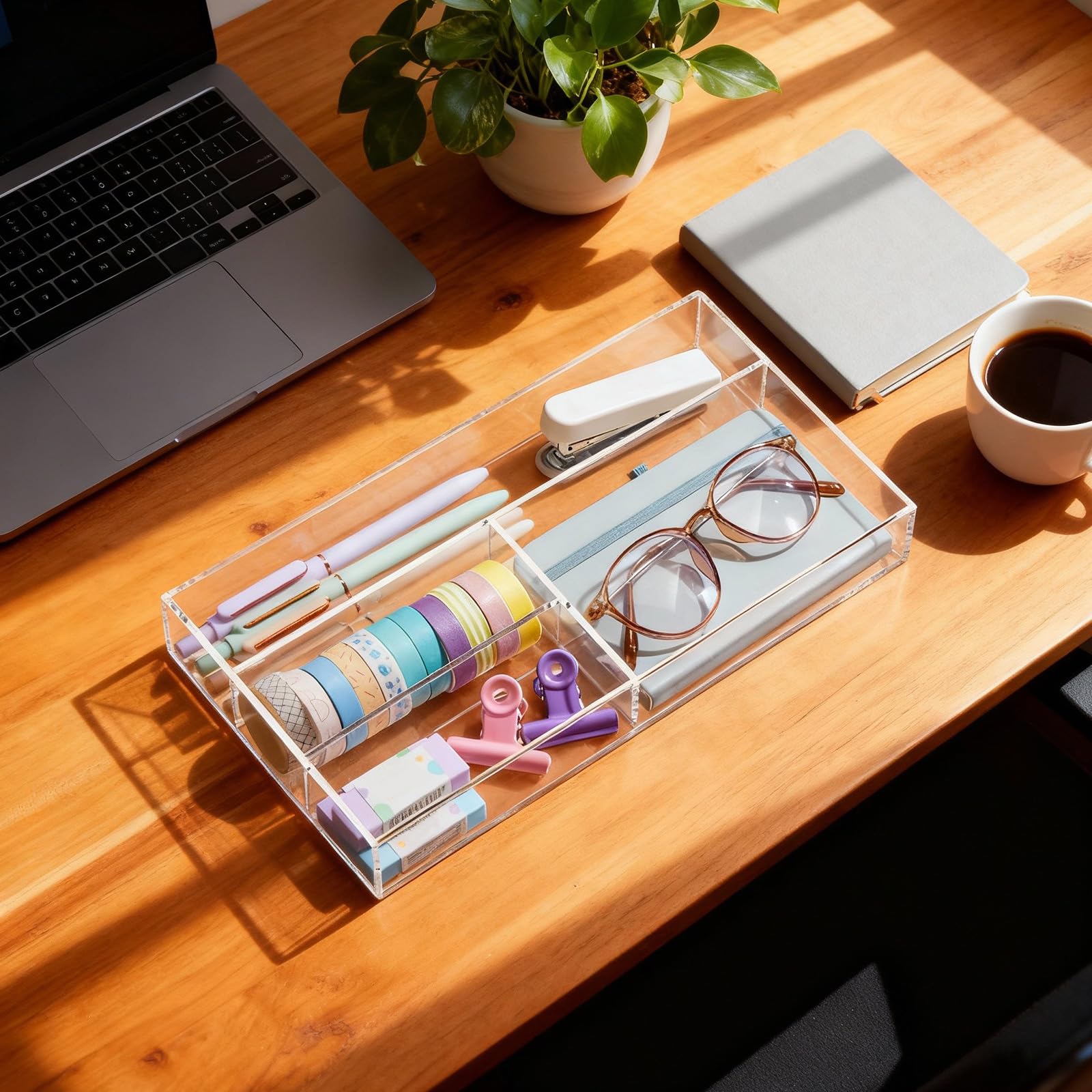 Briwooody Organizador acrílico para cajones de escritorio de 11 x 6.1 x 1.38 pulgadas, organizador de bandeja de almacenamiento para bolígrafos, papelería, escritorio, oficina, baño, cocina