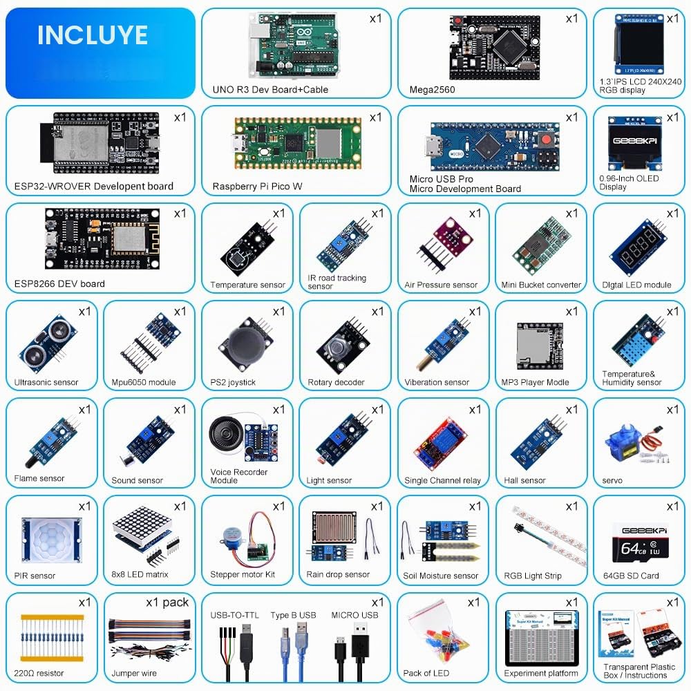 GeeekPi Ultimate Starter Kit,Compatible with Arduino UNO,Arduino Mega 2560,ESP32-WROVER,ESP8266,Raspberry Pi Pico W for RPi Beginners & Software Engineer,Multi MCU Dev Boards,sensors,classic tutorials