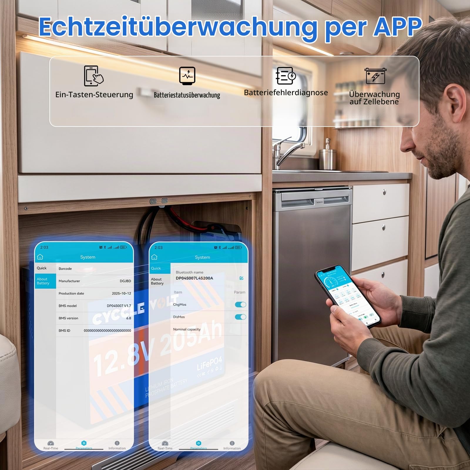 LiFePO4 Batterie 12V 200Ah(205Ah) mit 200A Bluetooth BMS, App-Steuerung, 8000+ Deep Cycle Batterie Perfekt für Wohnmobil, Trolling-Motor, Solaranlagen, Off Grid