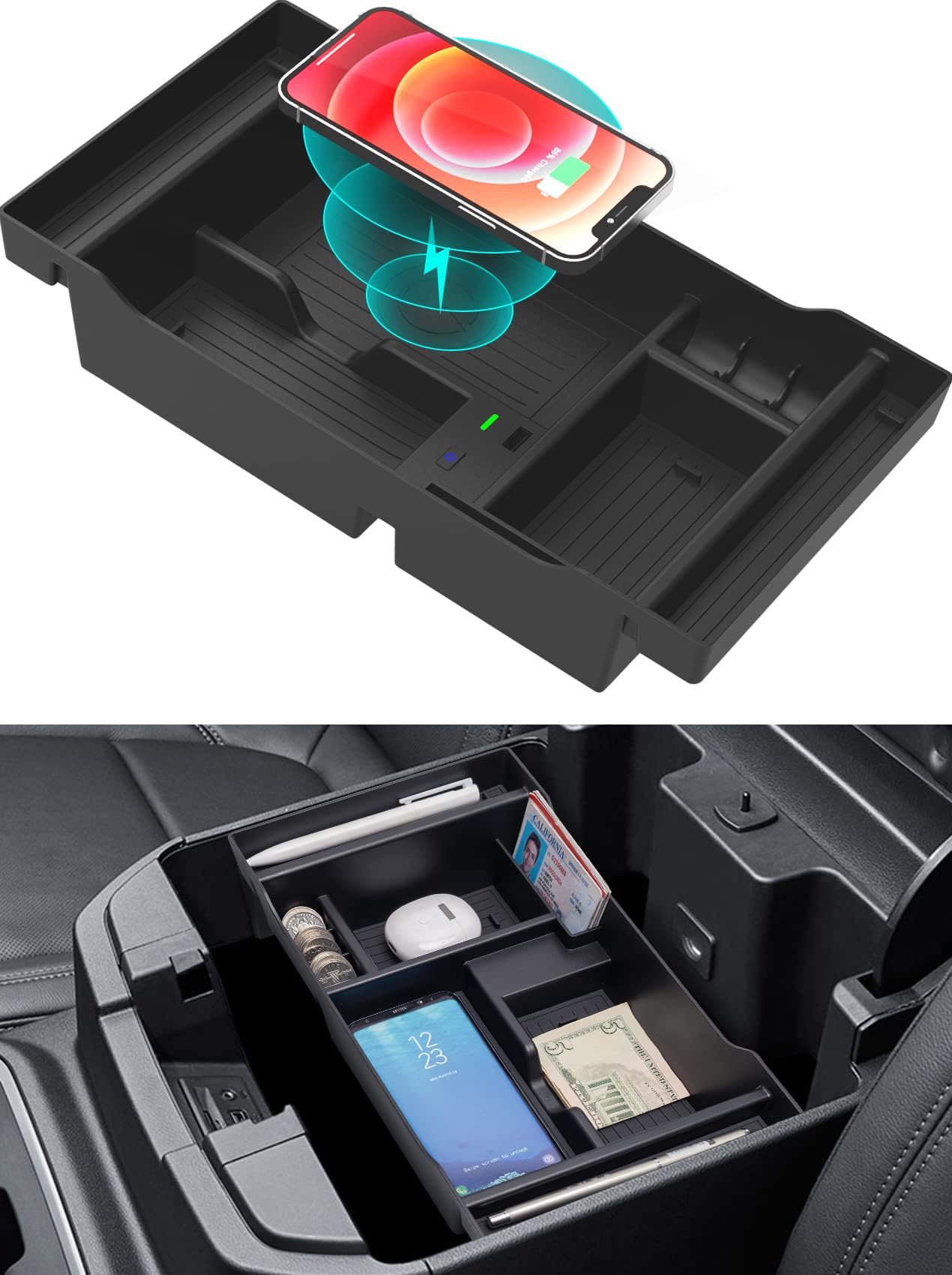 for Chevy Silverado Accessories Wireless Charger Center Console Organizer Tray for Chevy Silverado & GMC Sierra 1500 (2019-2022), 2500HD / 3500HD (2020 2021 2022 2023)