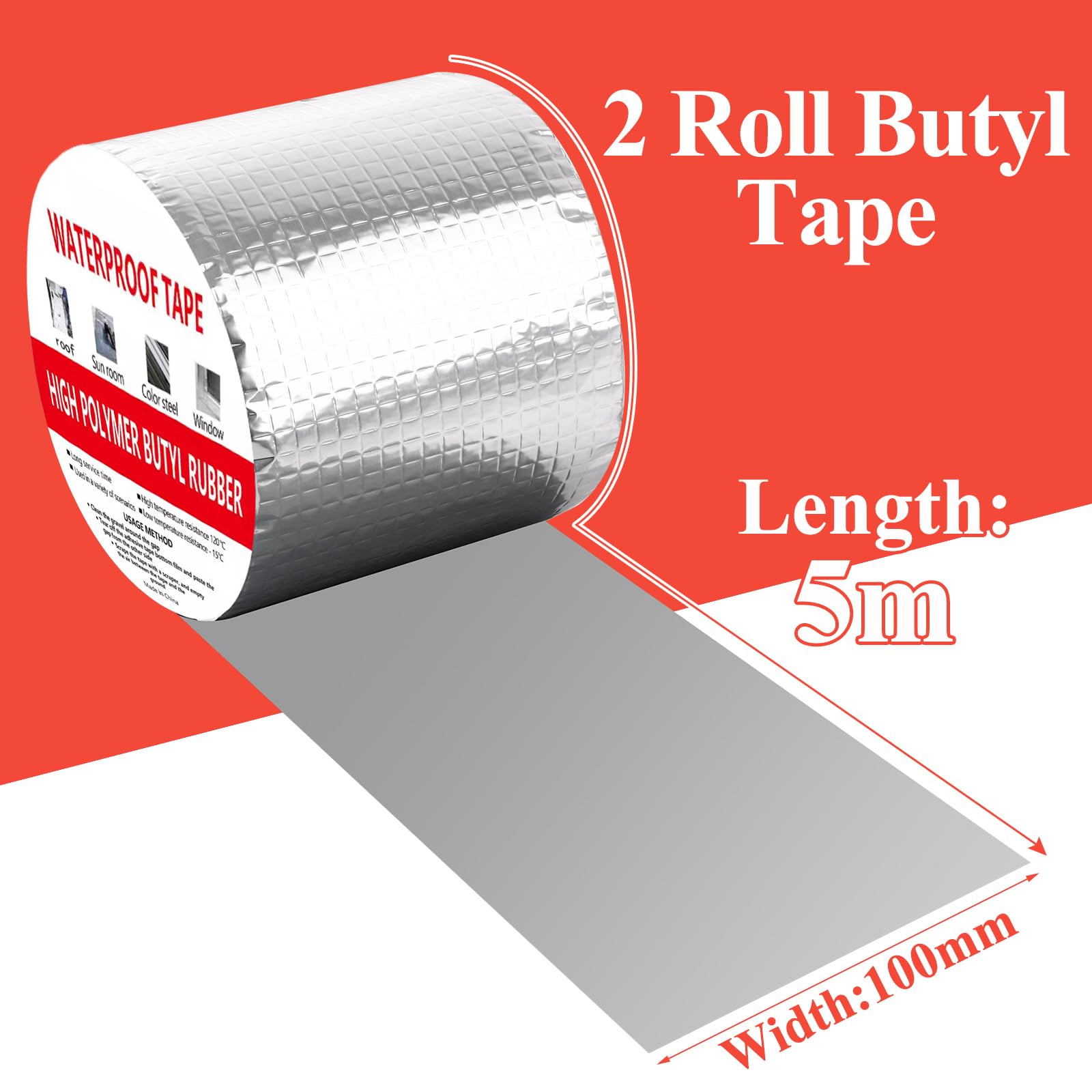 AKOLAFE 2 Roll Butyl Tape 100mm x 5m Waterproof Aluminum Foil Tape Insulation Heavy Duty Repair Sealan Tapes for RV Repair Window - Image 2