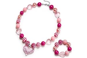 Girls Gilitter Heart Chunky Bead Necklace and Bracelet Gift Set Jewelry