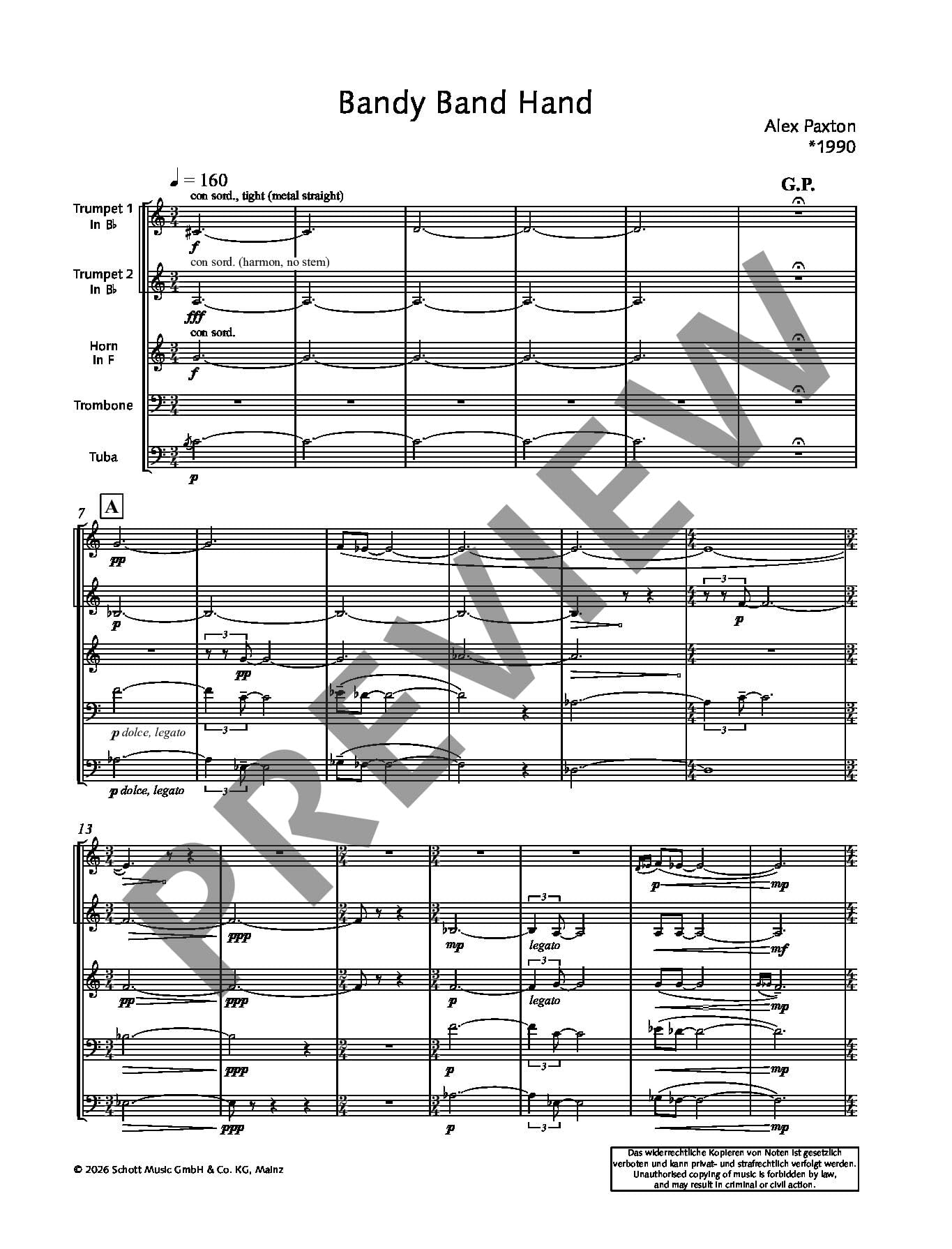 Bandy Band Hand: for brass quintet. 2 trumpets, horn, trombone and tuba. Partition et parties.