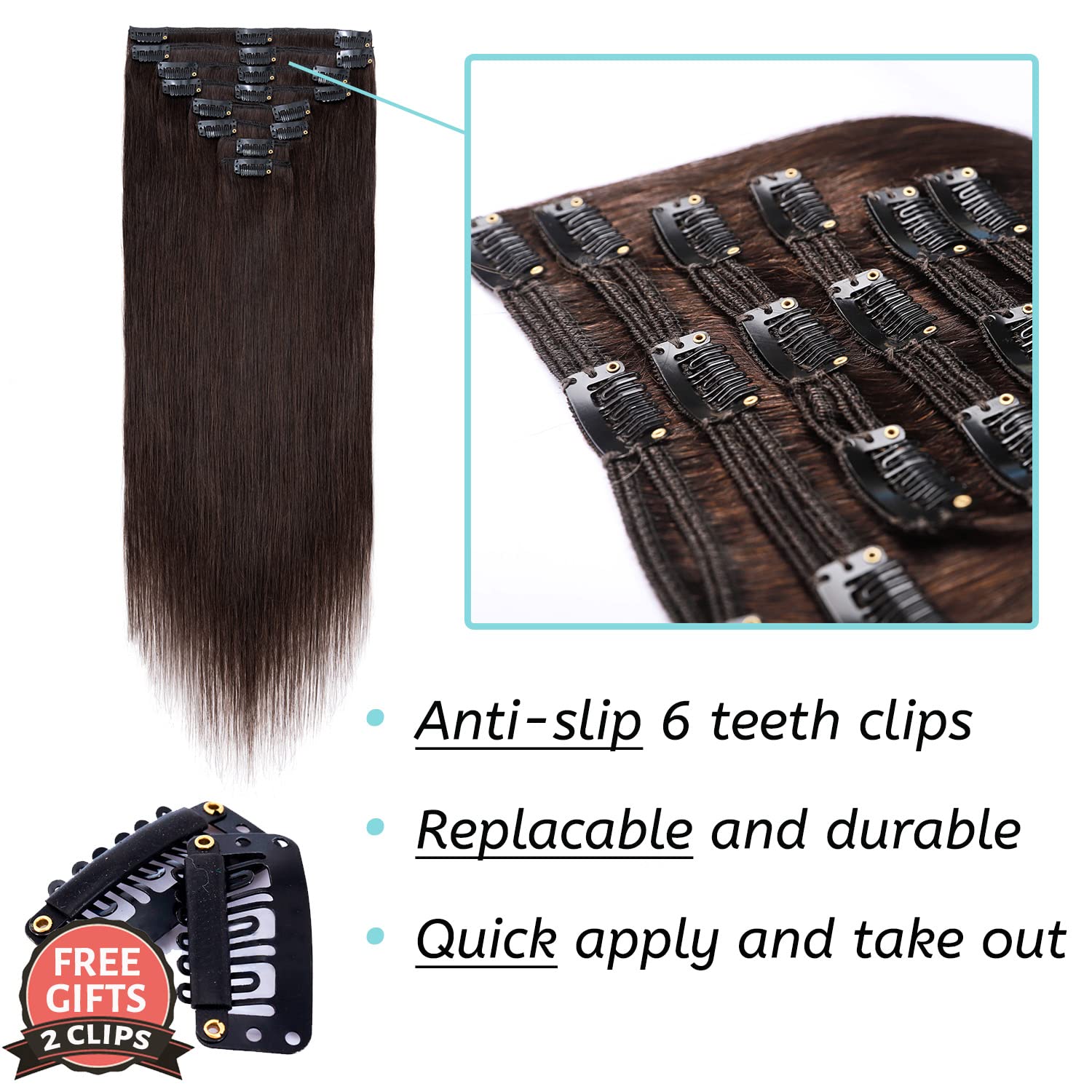 S-noilite Clip in Hair Extensions Real Human Hair, 18 Inch 100g 8pcs Human Hair Extensions Clip In Human Hair, Dark Brown Hair Extensions Clip In Remy Human Hair Extensions #2
