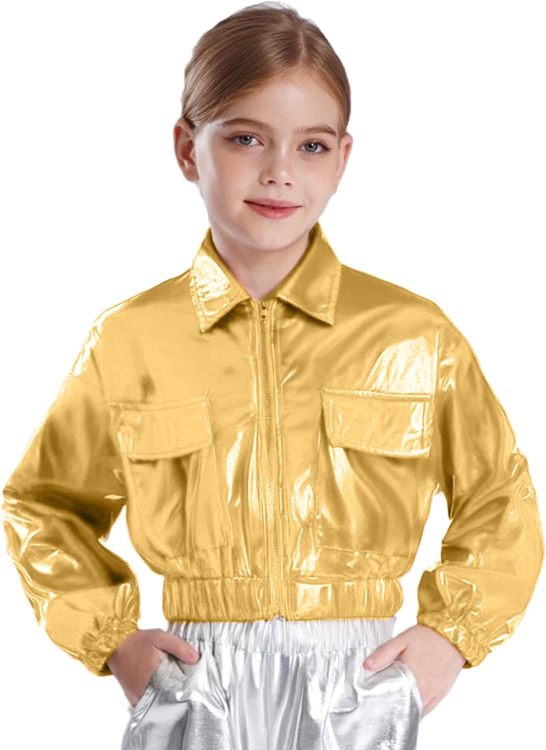 Girls Boys Shiny Hip Hop Jazz Dance Jacket Windproof Motorcycle Coat Bomber Jacket Disco Performance Dancewear