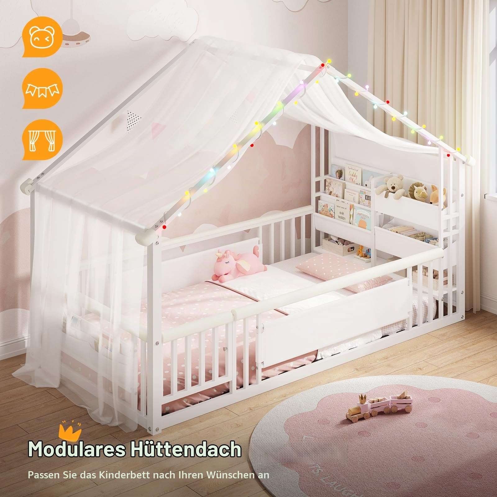 Hausbett 90x200 Metall nach Montessori mit LED, Weiß