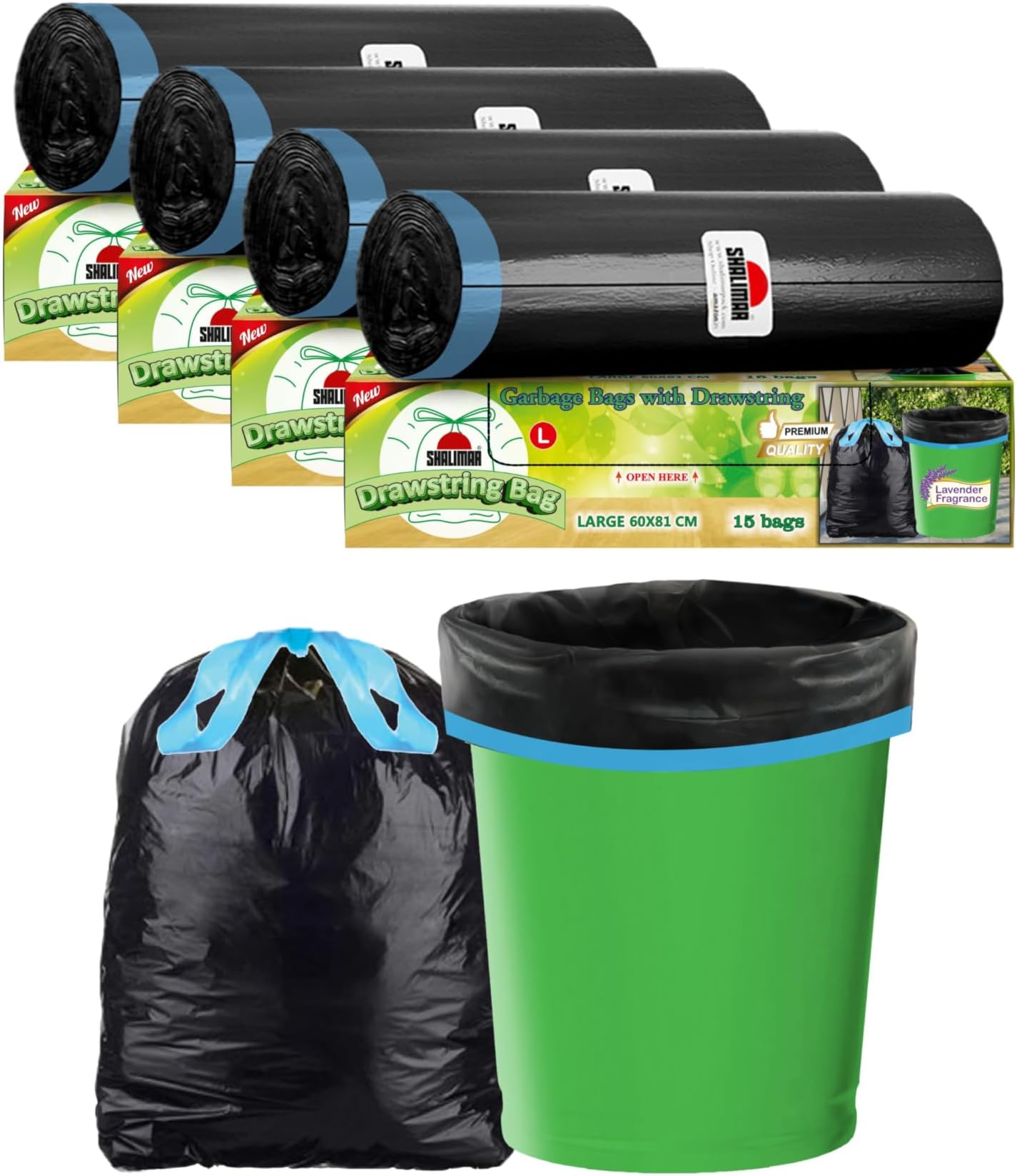 Shalimar Premium OXO - Biodegradable Drawstring Garbage Bags 60x81cm (Large) 60 Bags (4 rolls) Dustbin Bag/Trash Bag (Black)