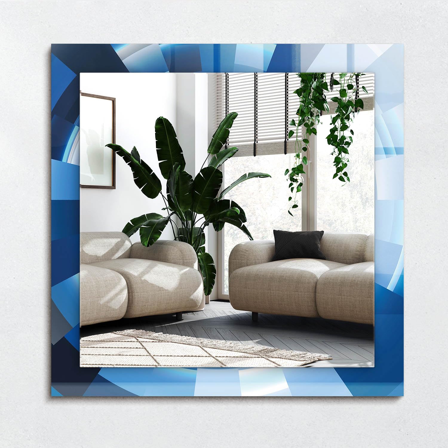 Eleganckie prostokątne lustro 60 x 60 cm (23,6 cala x 23,6 cala) | szklana krawędź z subtelnym nadrukiem, idealny akcent ścienny - abstrakcyjny tunel