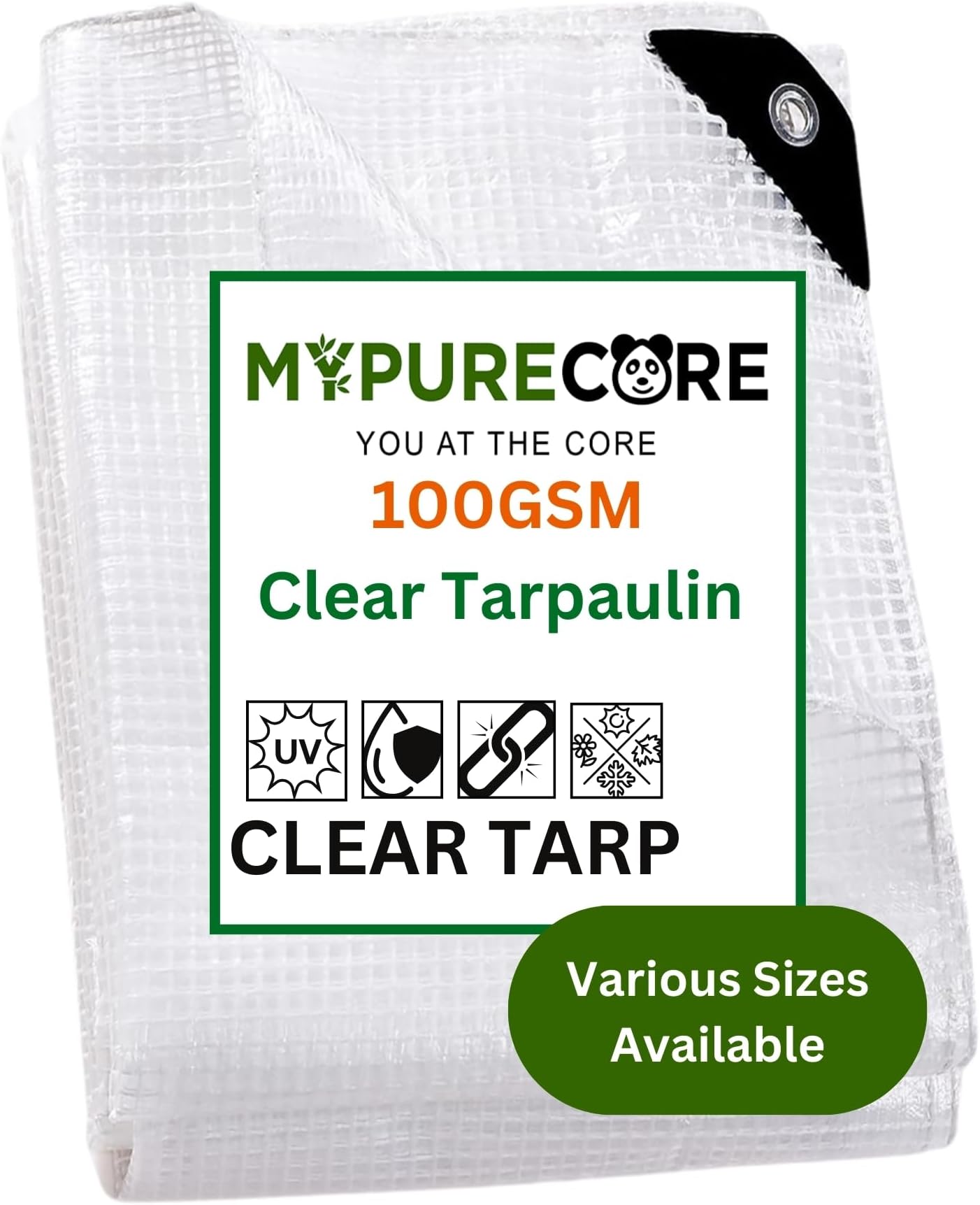 MYPURECORE Clear Waterproof Tarpaulin – Heavy Duty 100GSM Multi-Purpose Tarp – Ideal for Caravan, Garden, Car and Outdoor Protection – UV, Dust, Rain, Snow Resistant – Transparent Cover (5mx5m)