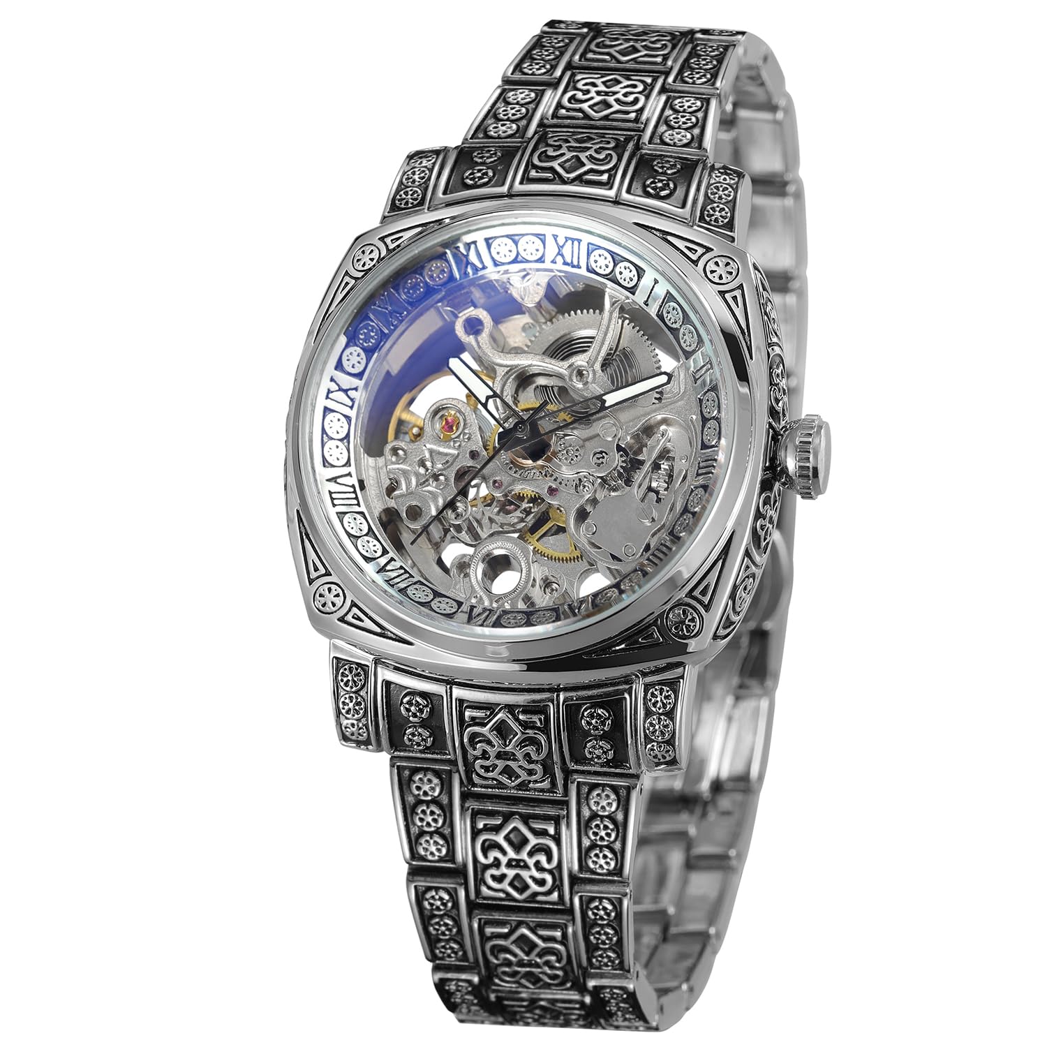 Reloj de esqueleto mecánico automático para hombre, cuerda manual en caja cuadrada, pulsera de acero grabada vintage y cierre desplegable, regalo retro para él