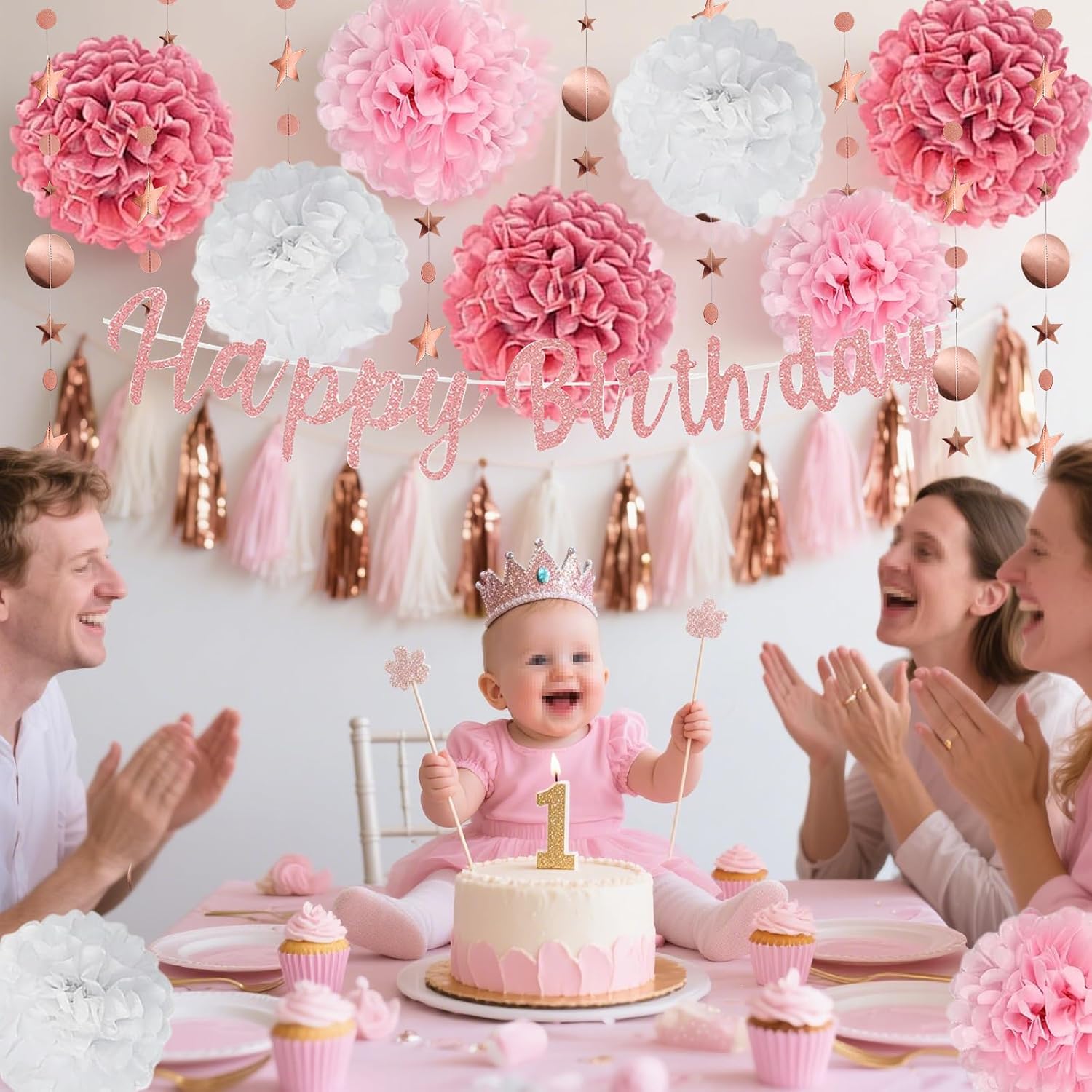 Pink Rose Gold Birthday Party Decorations Set, Rose Gold Glittery Dots Star Garland And Happy Birthday banner, Pom Poms Flowers Tassels for Girl Women Party Supplies