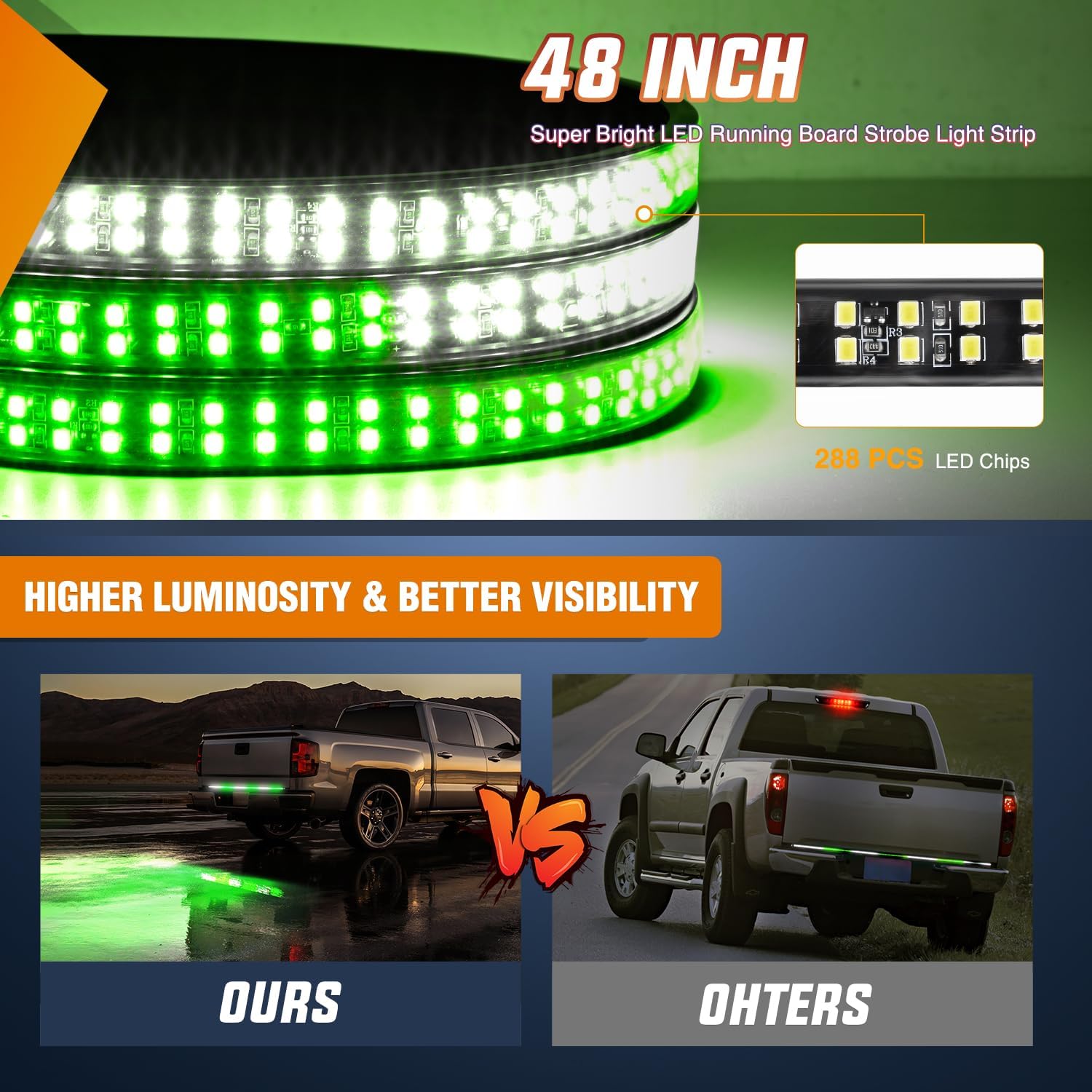 Nilight 48 Inch Truck Tailgate Strobe Light Strip Tail Emergency Bar Rear Window Warning Lamp Ultra-Bright Double Row 288 LED for Pickup Trailers Construction Vehicles Car SUV, Green White