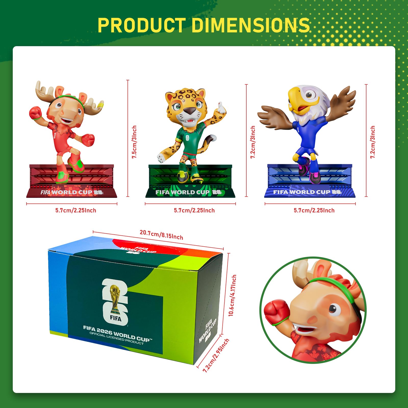 DICEKOO Ensemble mascotte de la Coupe du monde FIFA 2026 7,6 cm (érable, Zayu, pochette) | Style énergétique | Sous licence officielle | Figurines de collection, idée cadeau pour les fans et les