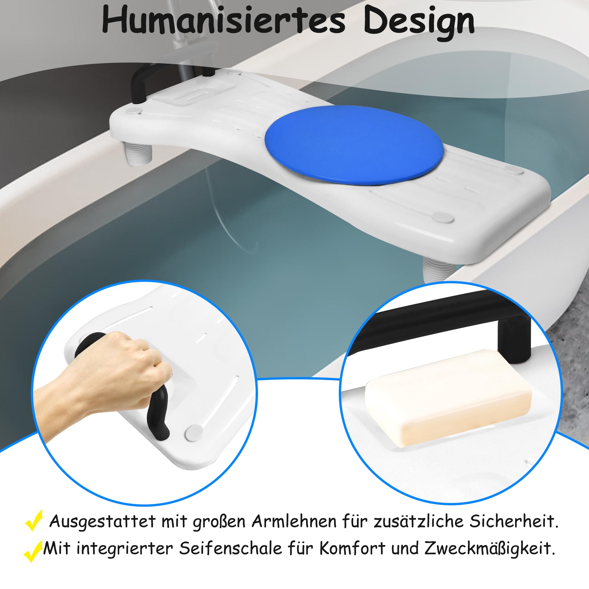 Aufun Badewannenbrett ca.75cm lang, Badewannensitz Erwachsene Senioren Wannensitz Sitzbrett mit Seifenablage, Drehscheibe und Griff, Stuhl für Badezimmer (Schwarz Haltegriff)
