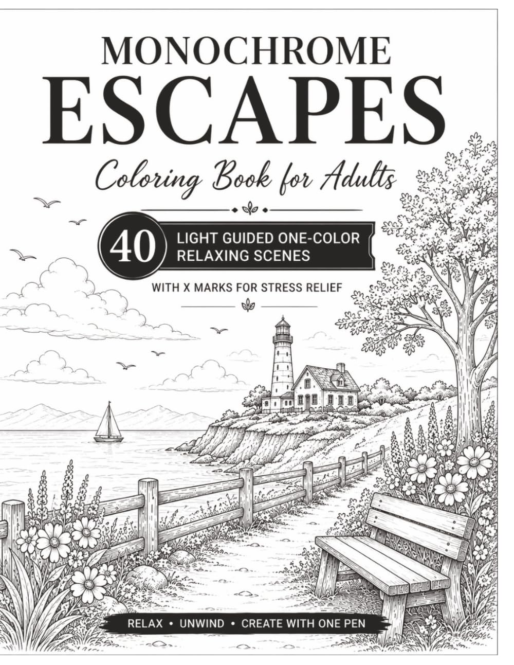 Monochrome Escapes Coloring Book for Adults: 40 Light Guided One-Color Relaxing Places, Cozy Scenes, Nature Views, and Peaceful Getaways with X Marks for Stress Relief