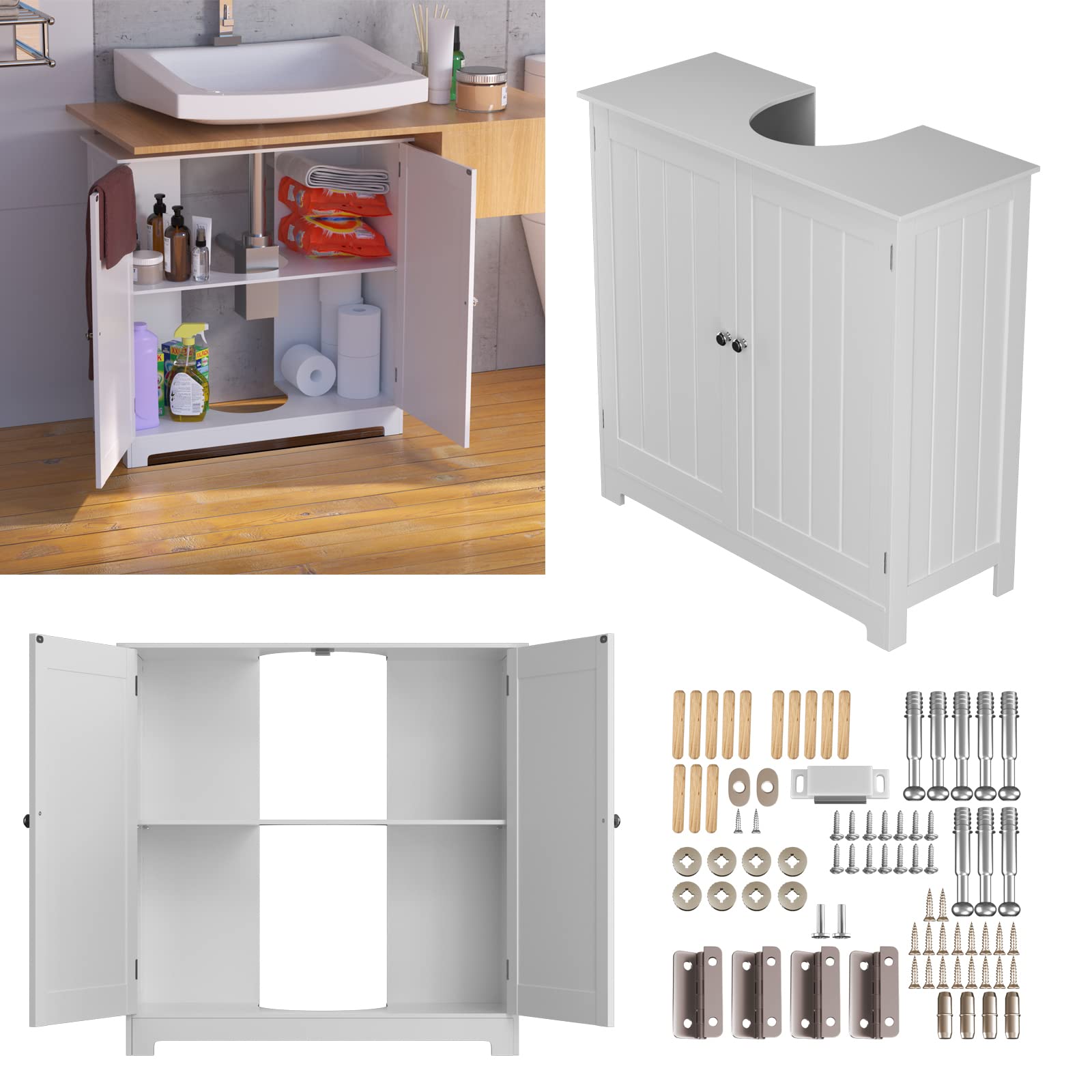 Under Sink Bathroom Cabinet White, Floor Standing Storage Cupboard Basin Unit, Free Standing Wooden Sink Storage Unit, Double Doors Under Basin Cabinet with Adjustable Shelves, 60 x 60 x 30cm