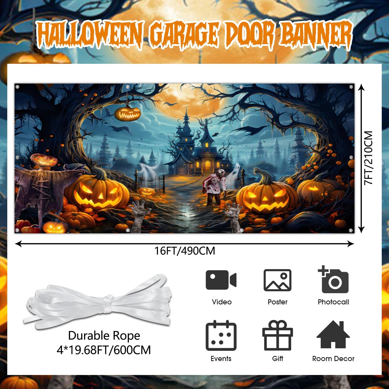 7x16 FT Garage Door Banner - Scary Night Full Moon Halloween Decorations - Large Castle Pumpkins Banner Backdrop