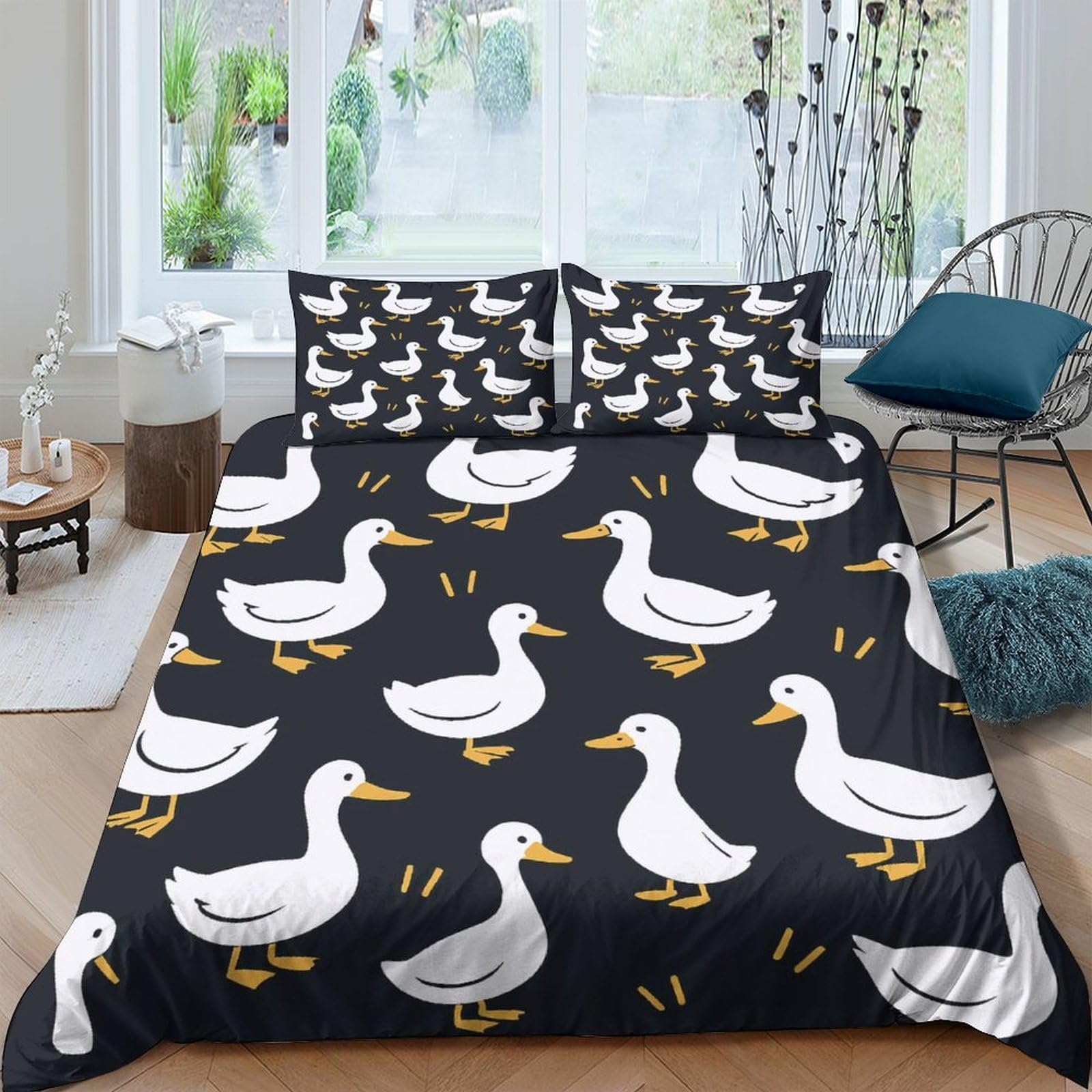 Ctjqhvkz Style-1 3D Printed Duck Cartoon Fitted Sheet Microfiber Black Animal Pattern Bed Cover For Bedroom Dorm Mattress Protection Decor, Machine Washable Single（135X200cm）