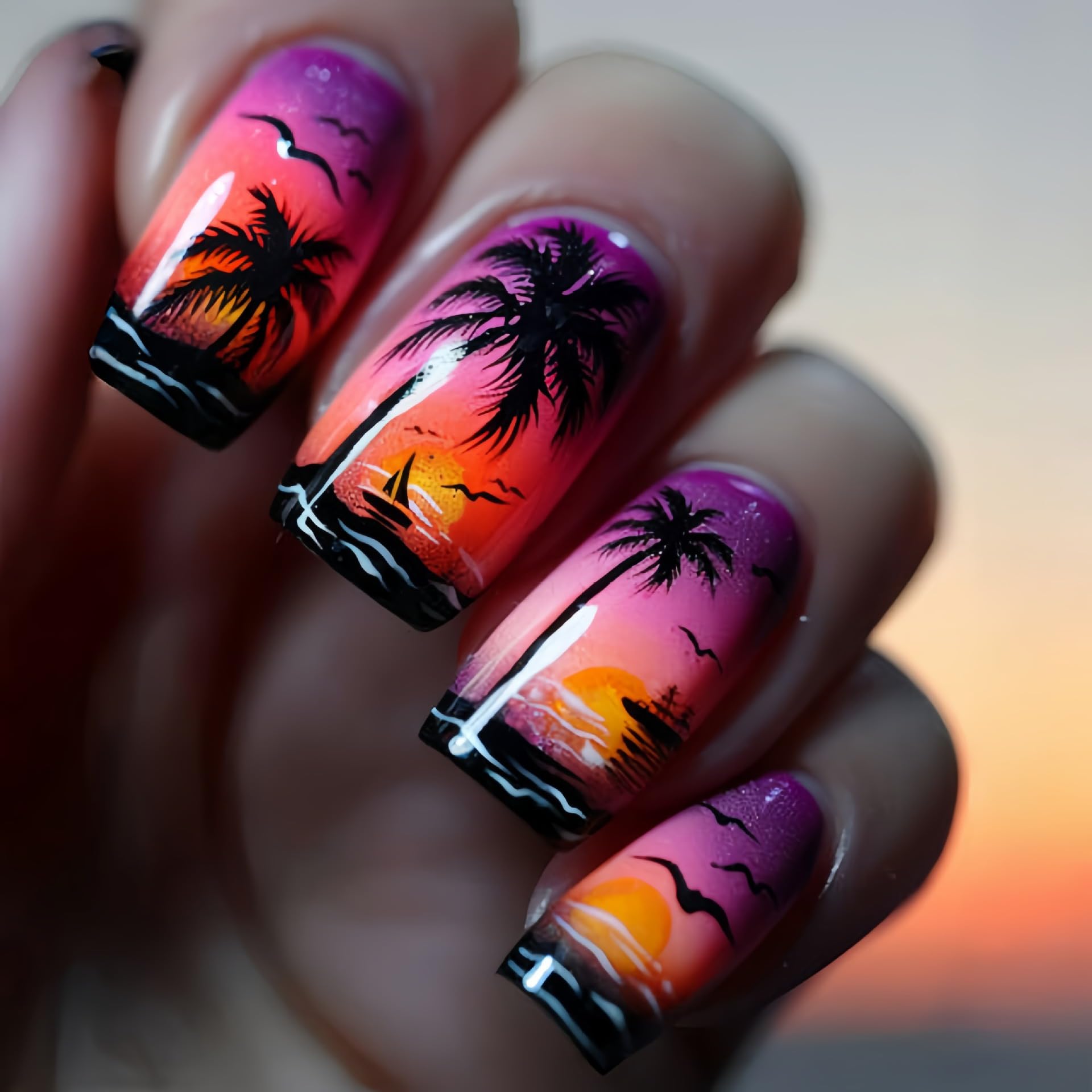 Photo 1 of Coconut Tree Press on Nails Medium Square Fake Nails with The Setting Sun Design Seagull Glue on Nails Beach False Nails Glossy Reusable Summer Nails for Women Girls Manicure 24pcs