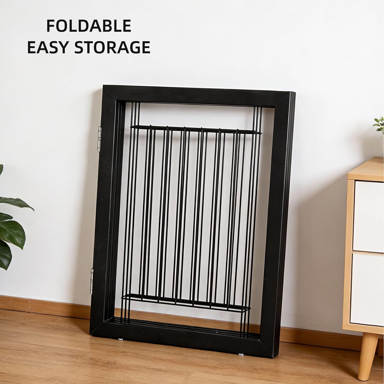 ZJSF Freestanding Dog Gate Indoor, Foldable Dog Fence for Doorways,Hallways or Stairs, Sturdy Wood Extra Wide Pet Gate with Support Feet,Black,24 "Height-3 Panels