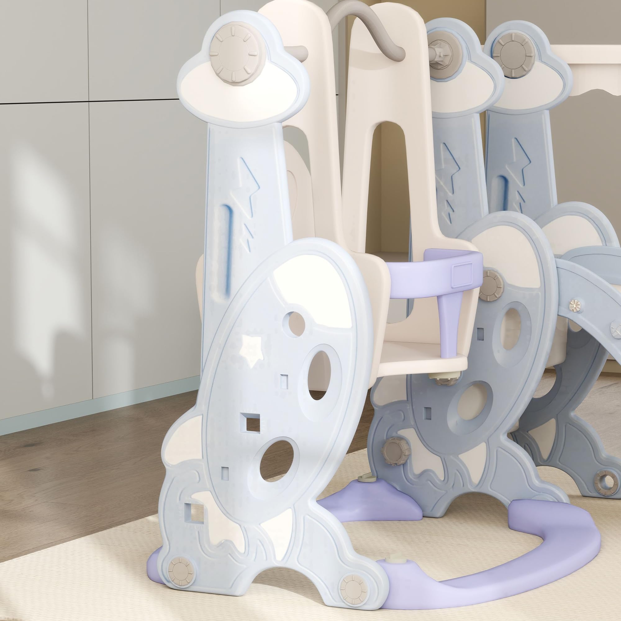 AIYAPLAY Scivolo per Bambini 4 in 1, Scivolo da Giardino Autoportante con Altalena, Scaletta da Arrampicata e Cestino da Basket, Set Parco Giochi per Interni ed Esterni, Cameretta, 18-48 Mesi, Azzurro