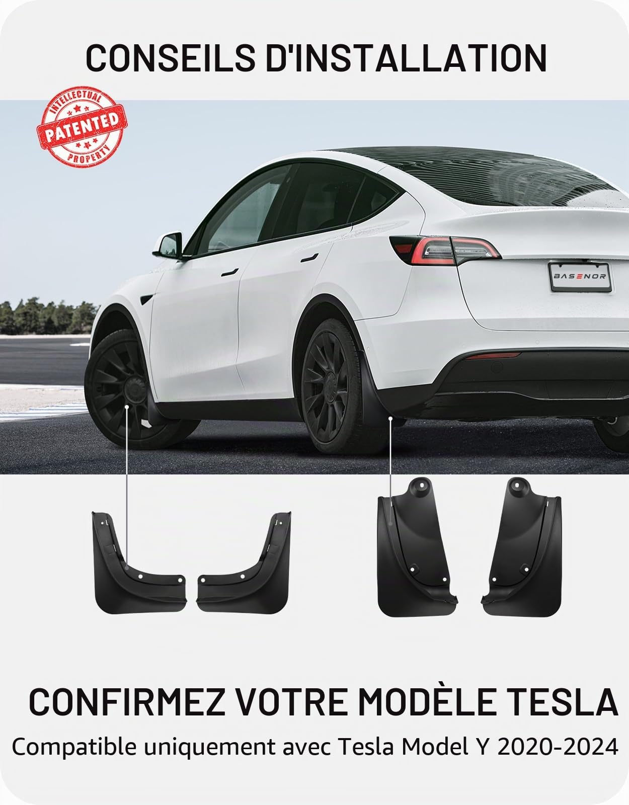BASENOR 2020-2024 Bavettes de Protection Tesla Model Y Protecteurs d'éclaboussures Pas de perçage Pas de Ruban adhésif Protecteur de Pneu Bavettes Tous Temps Accessoires extérieurs Tesla